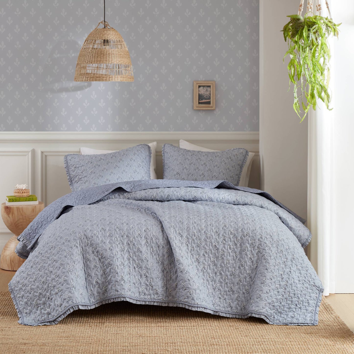 Linwood - Queen 3 Piece Ruffle Printed Quilt Set - Blue Madison Park