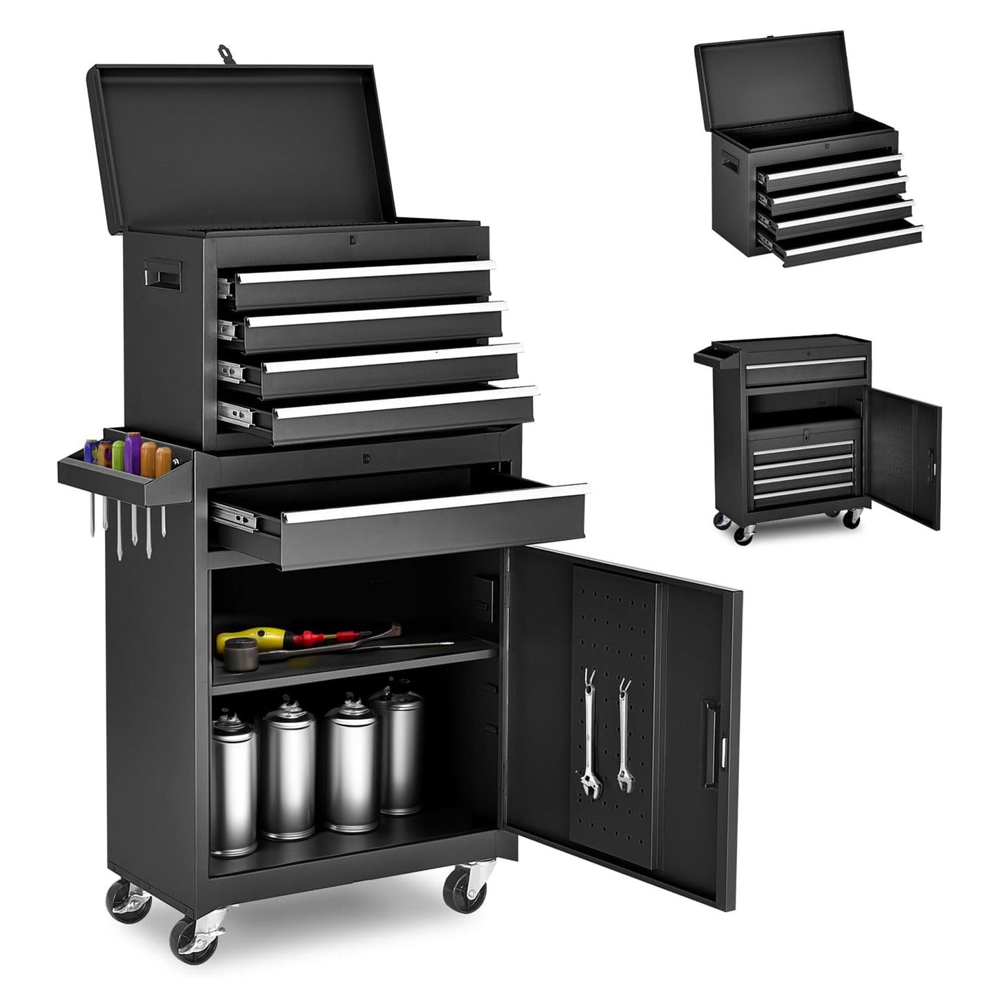 Tool Chest, 5 Drawer Rolling Tool Storage Cabinet With Detachable Top Tool Box, Liner, Universal Lockable Wheels, Adjustable Shelf, Locking Mechanism, Metal Tool Cart For Garage Workshop Daily Nest
