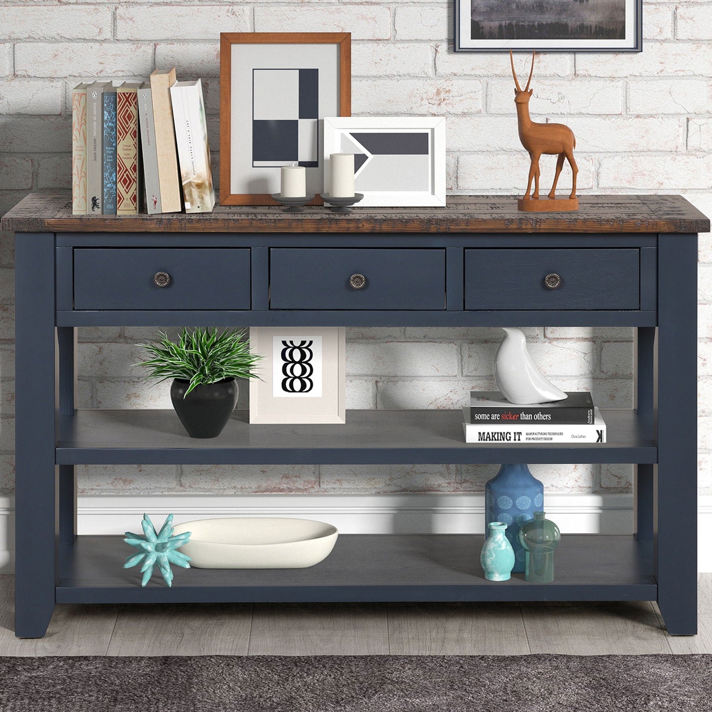 49'' Rectangular Solid 3 Drawer 2 Shelf Console Table - Blue Home Essentials