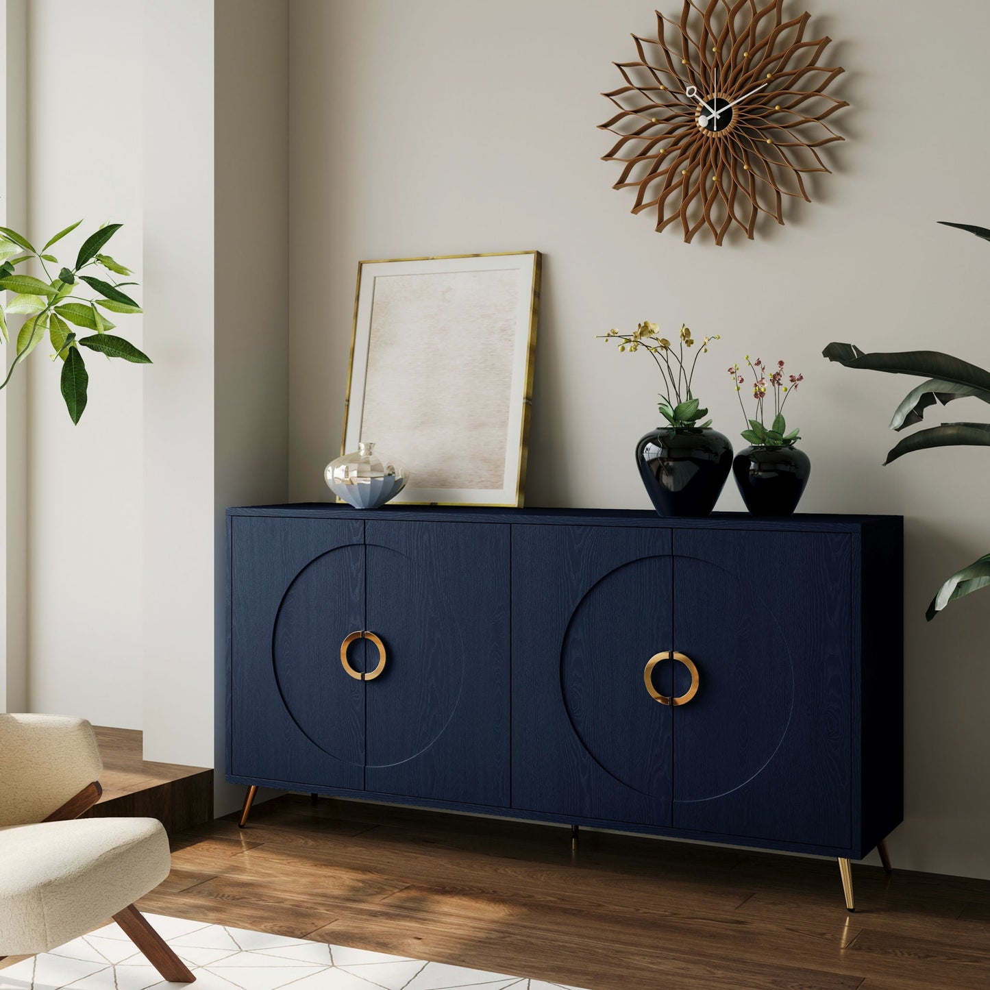 Modern Lacquered 4 Door Wooden Cabinet Sideboard Buffet Server Cabinet Storage Cabinet, For Living Room, Entryway, Hallway, Office, Kitchen And Dining Room Home Essentials