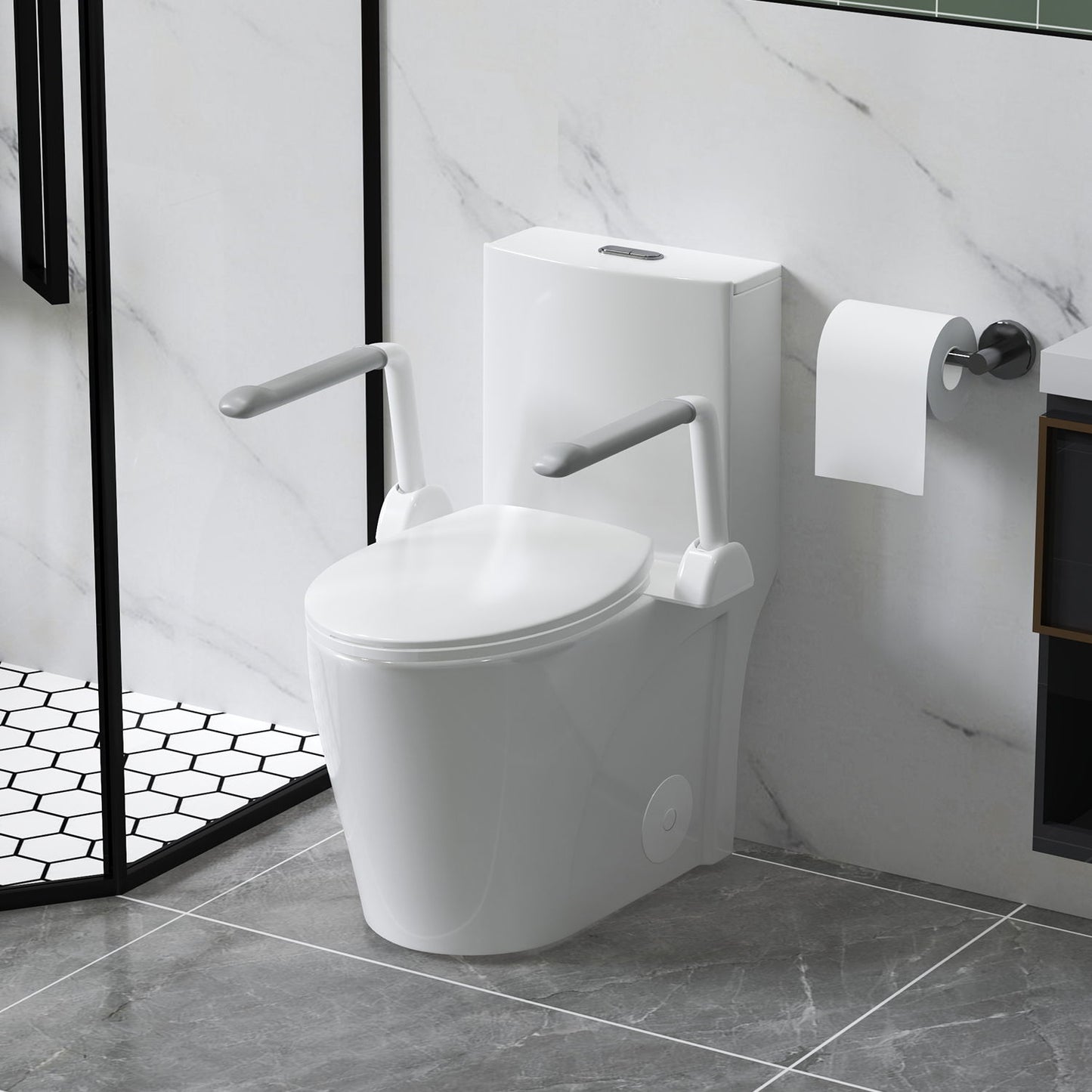 Upgraded Design Armrest, With Glossy Gw 007 1 Piece Toilet With Tornado Flush, Soft Close Seat, Dual Flush Map 1000G, Comfort Chair Seat - Gloss White Daily Nest
