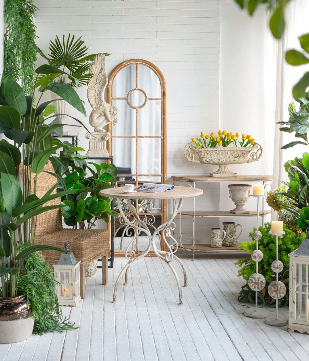 Round Wooden Table With Metal Scrollwork Legs - White Washed Home Essentials