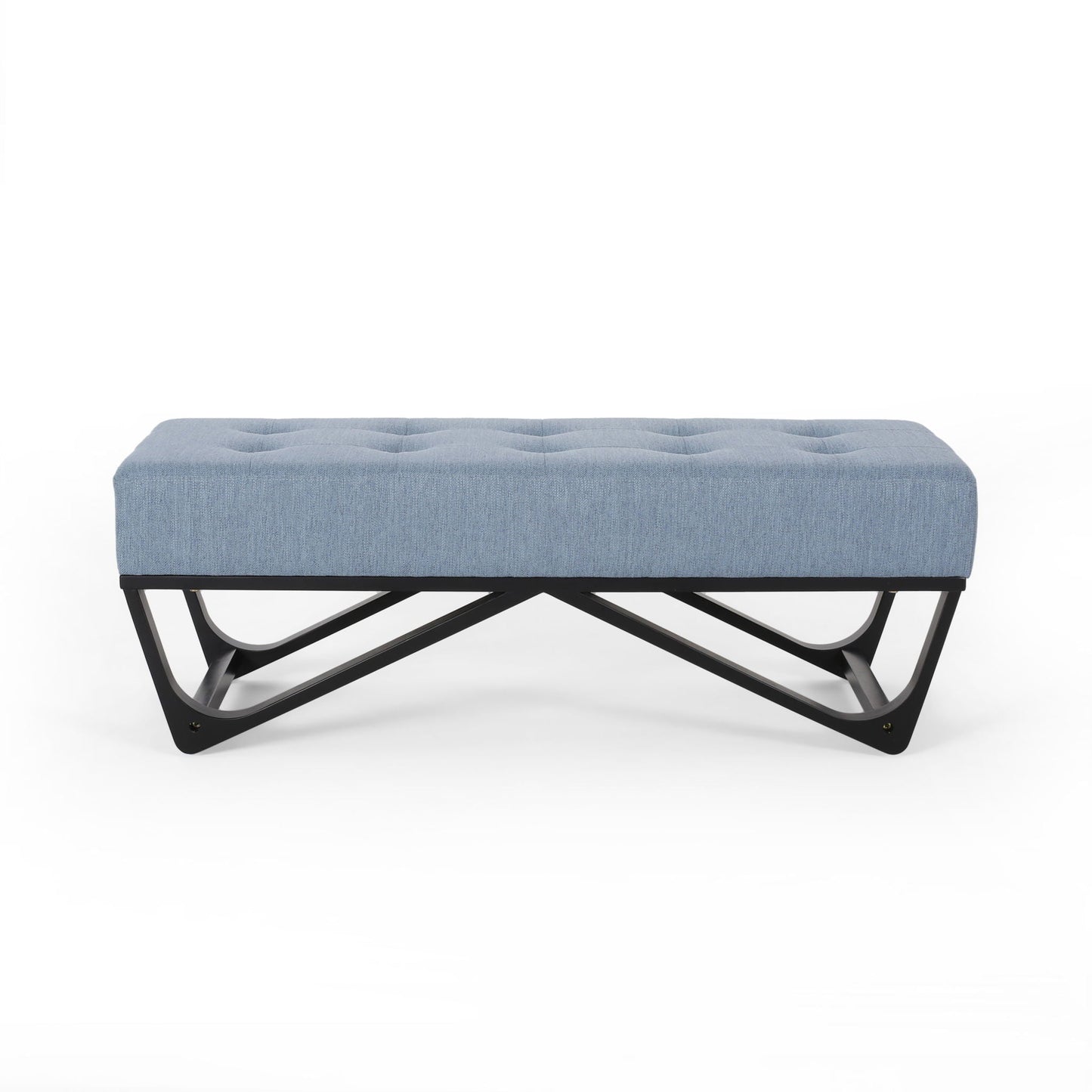 Upholstered Ottoman With Button Tufted Waffle Stitch And Black Geometric Legs - Light Blue Noble House