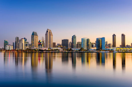 Temp Glass With Foil - San Diego Skyline - Blue Classy Art
