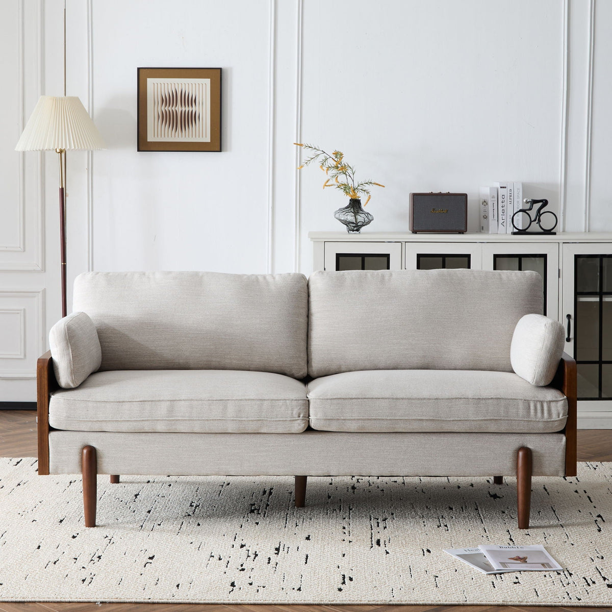 Sofa With Wood Sides And Rounded Legs - Beige Noble House