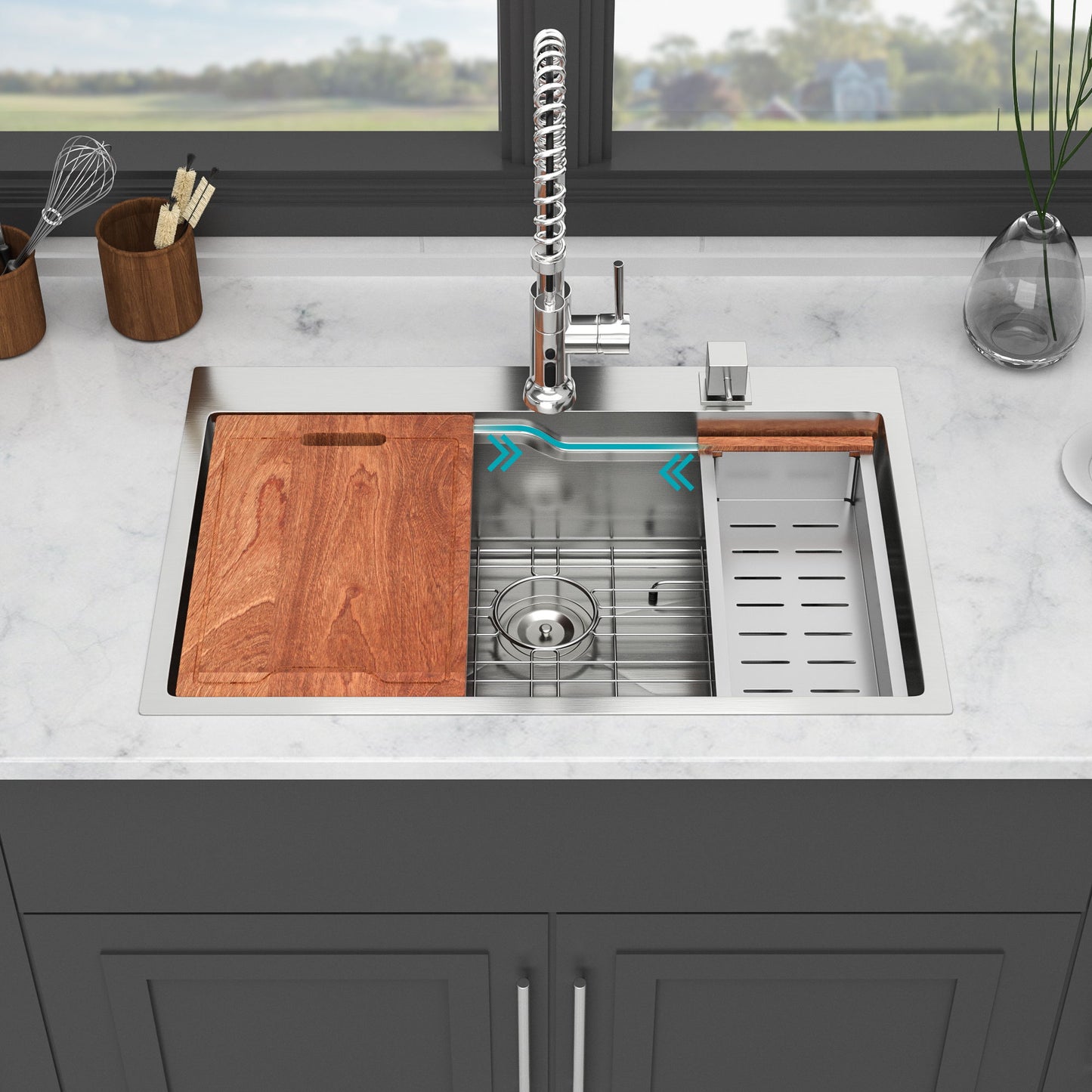 33" Drop In Kitchen Sink With Ledge Workstation, Single Bowl, 16 Gauge Stainless Steel - Black / Gray Daily Nest