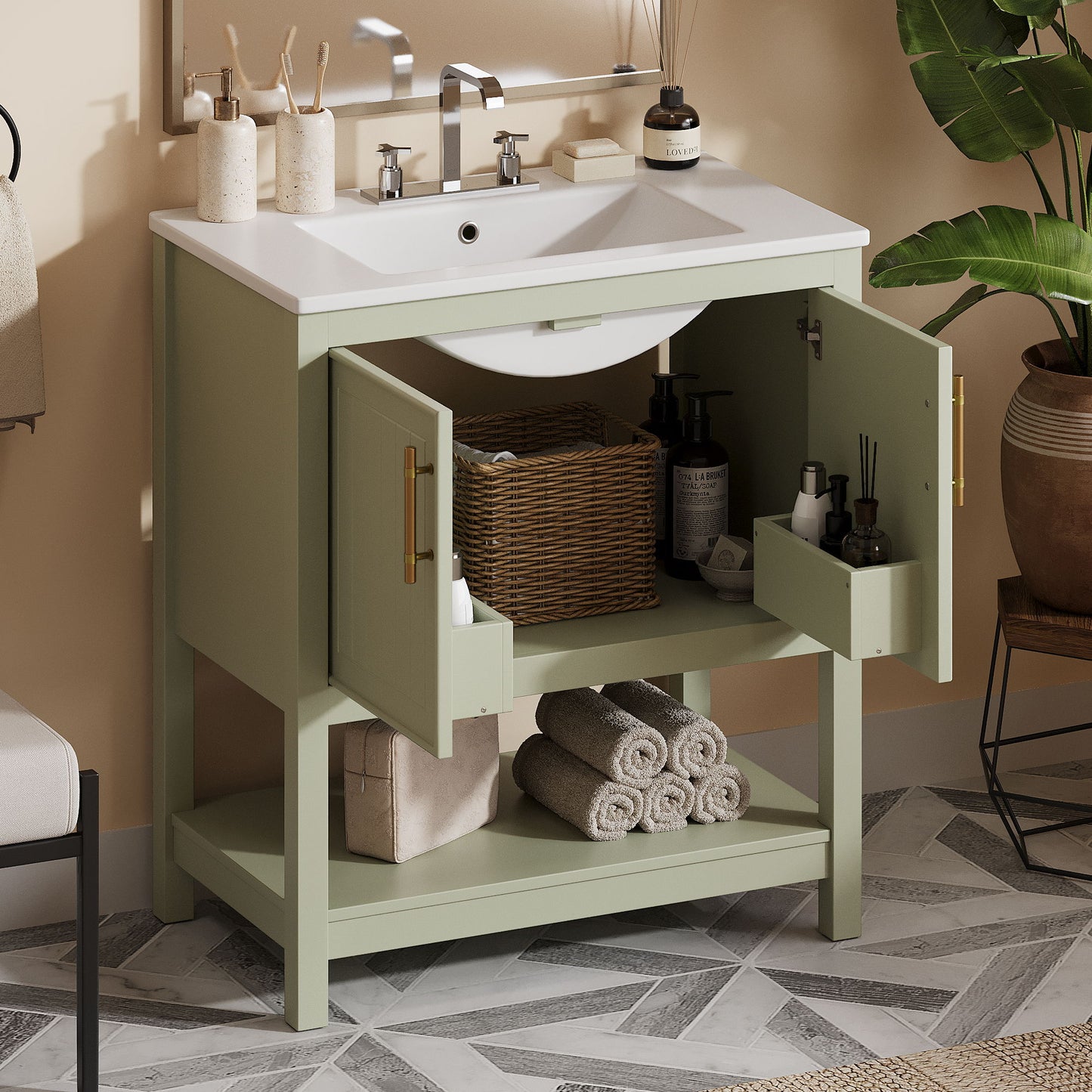 Elegant Bathroom Vanity With Ceramic Sink And Versatile Storage Hearth and Haven