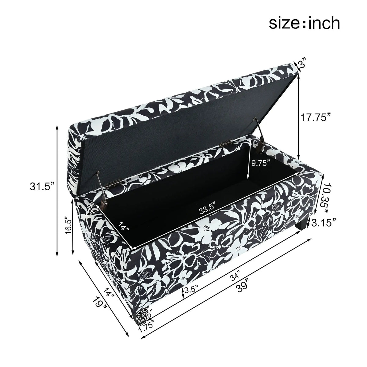 Luxury Storage Ottoman With Floral Patterned Fabric, Soft-Close Hinges, Multi Functional Noble House