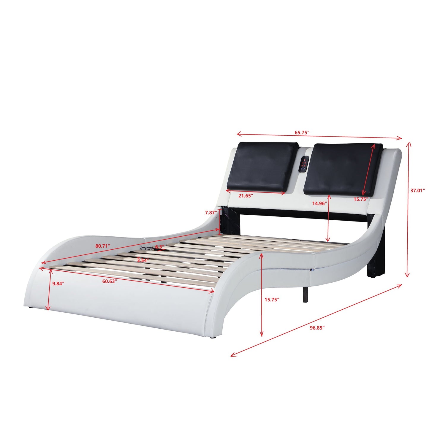 Upholstered Platform Bed Frame With LED Lighting, Bluetooth Connection To Play Music Control, Backrest Vibration Massage, Curve Design, Wood Slat Support, Exhibited Speakers Home Essentials