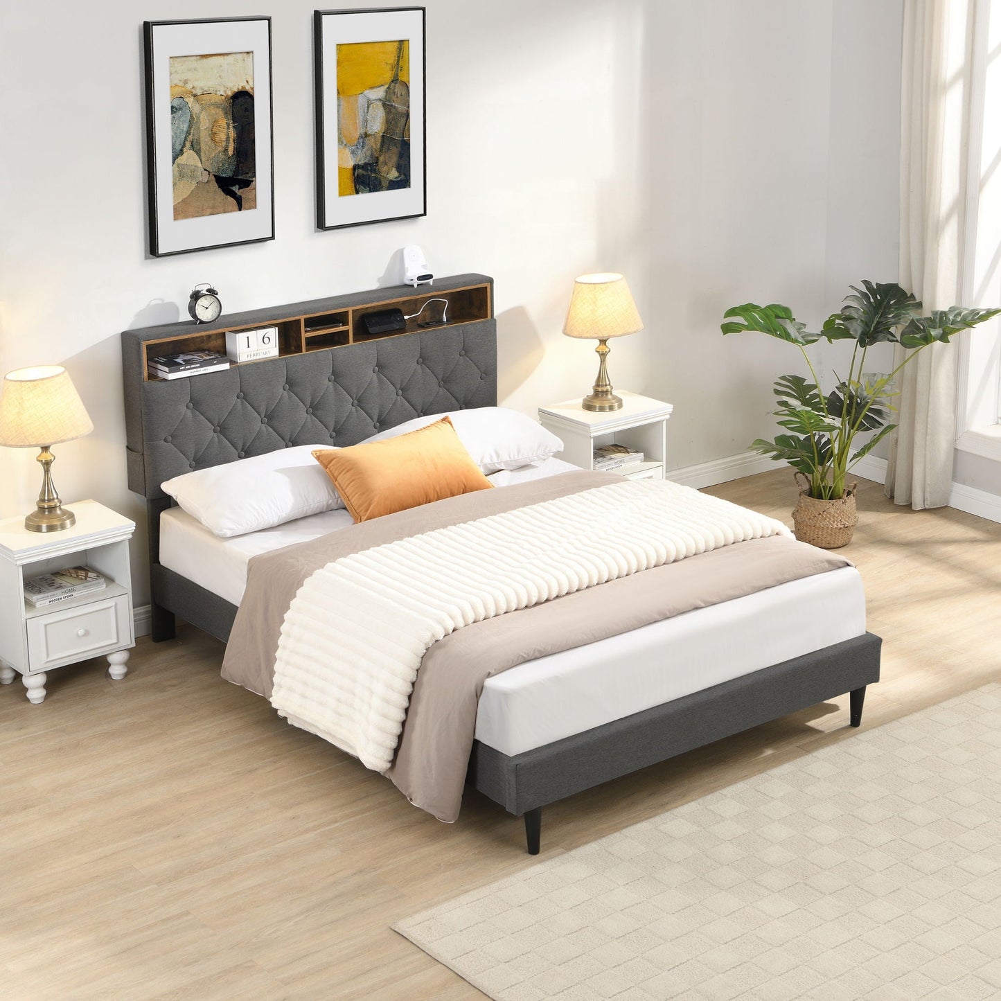 Modern Upholstered Platform Bed Frame With Button Tufted Headboard And USB Ports Home Essentials