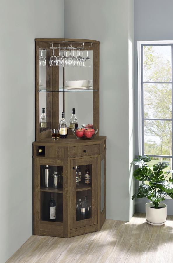 Alviso - 1-Drawer Corner Home Bar Wine Cabinet - Rustic Oak CoasterEveryday