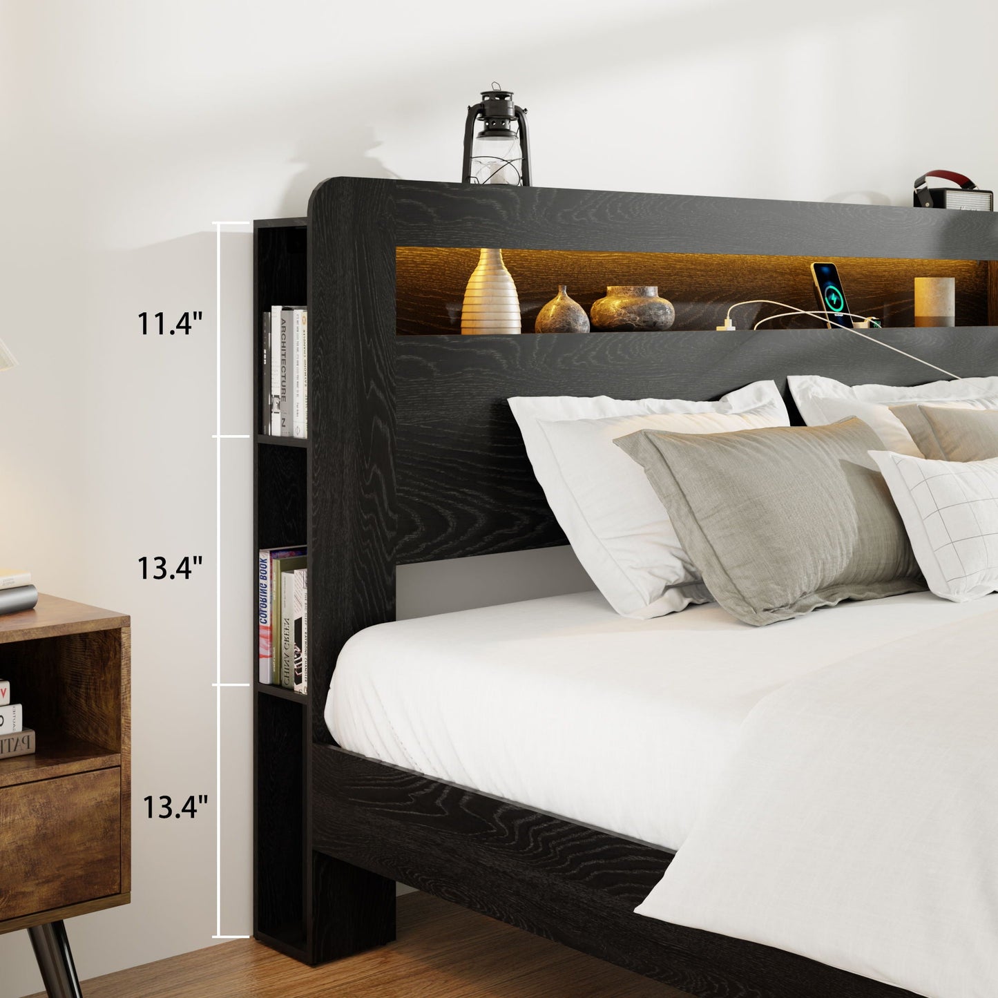 Wood Platform Bed Frame With Storage LED Light Headboard & USB Home Essentials