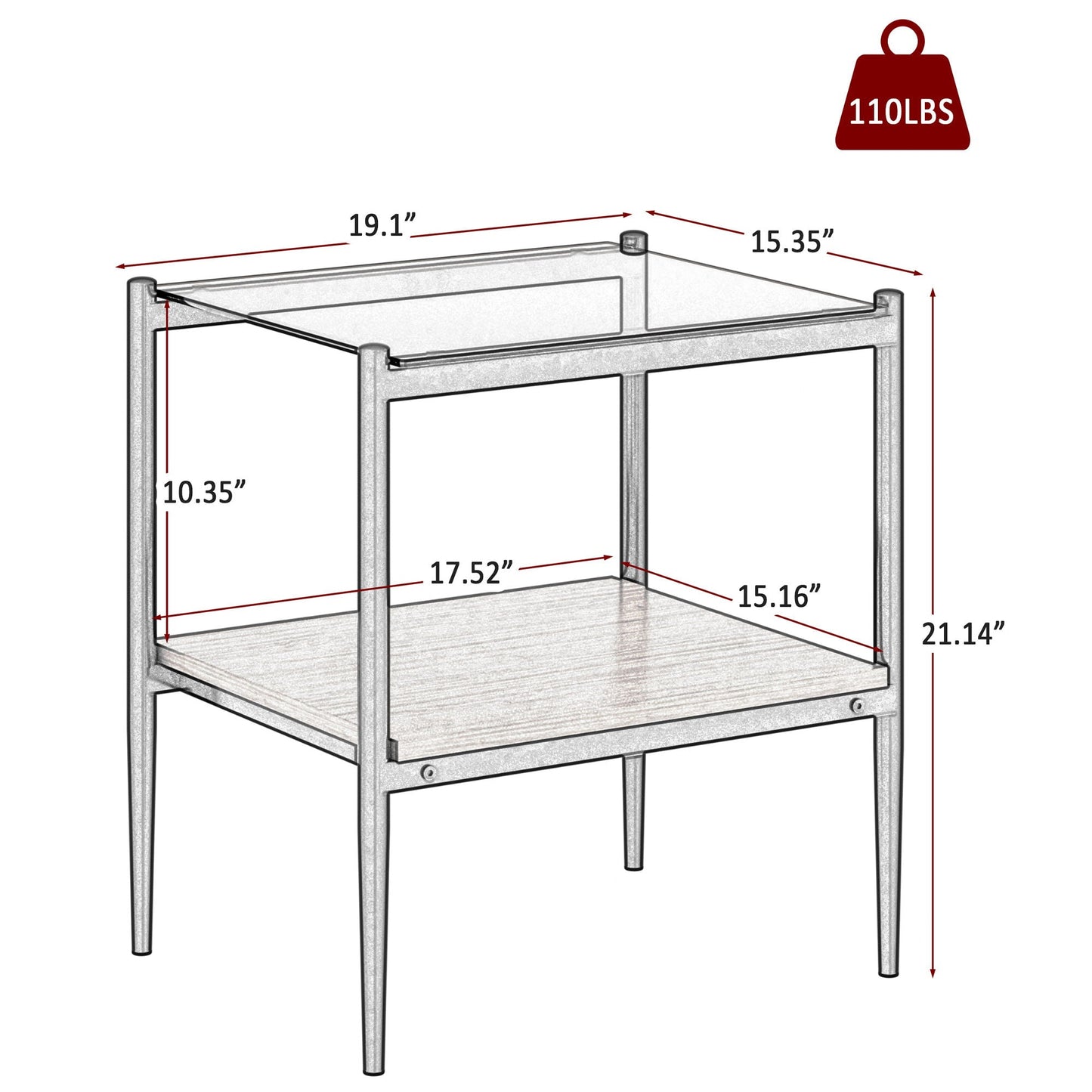 Modern Rectangle End Table (Set of 2) With Tempered Glass Tabletop And Layer - Brown Home Essentials