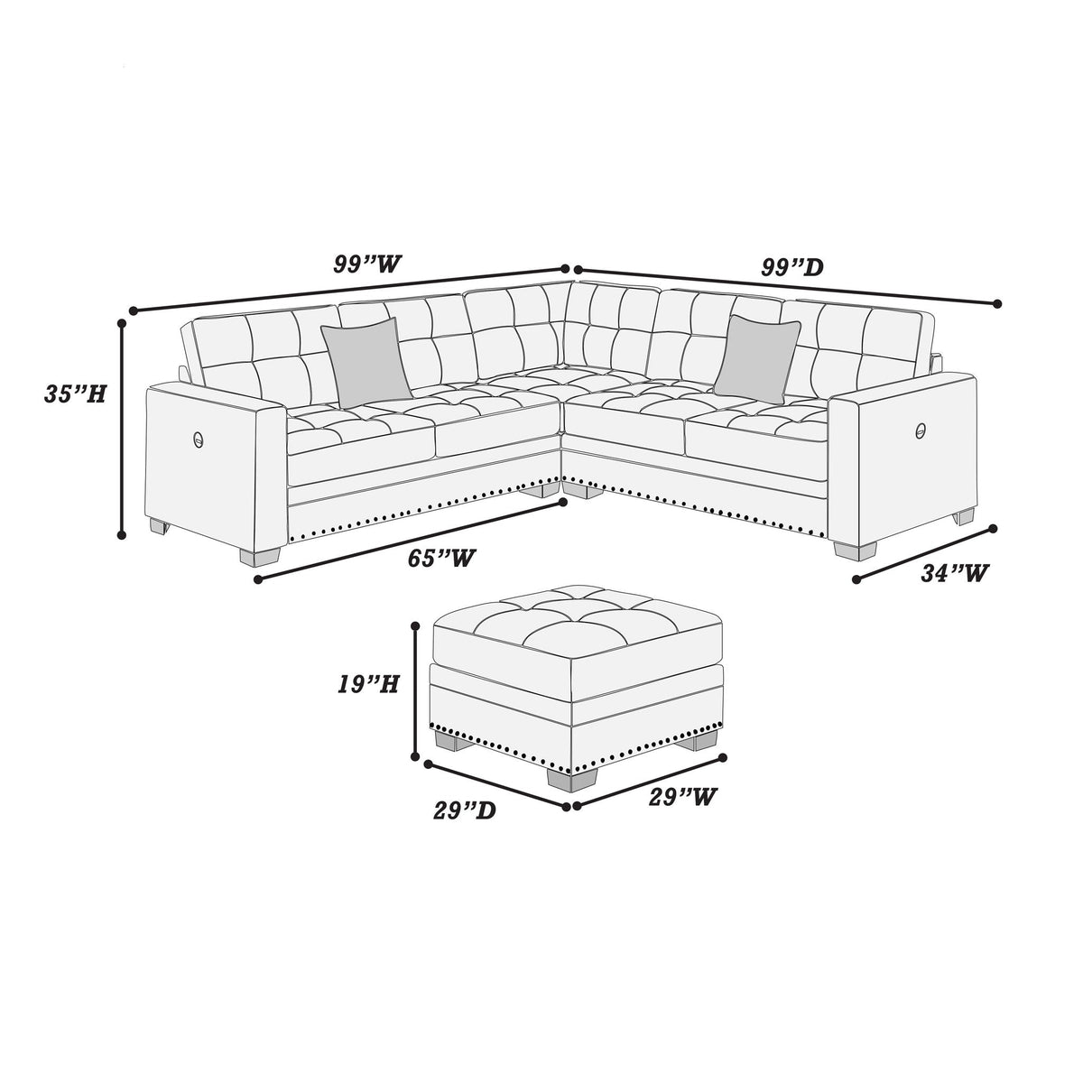 Casual Simple Tufted Sectional 4 Piece Set With USB Loveseat Home Essentials