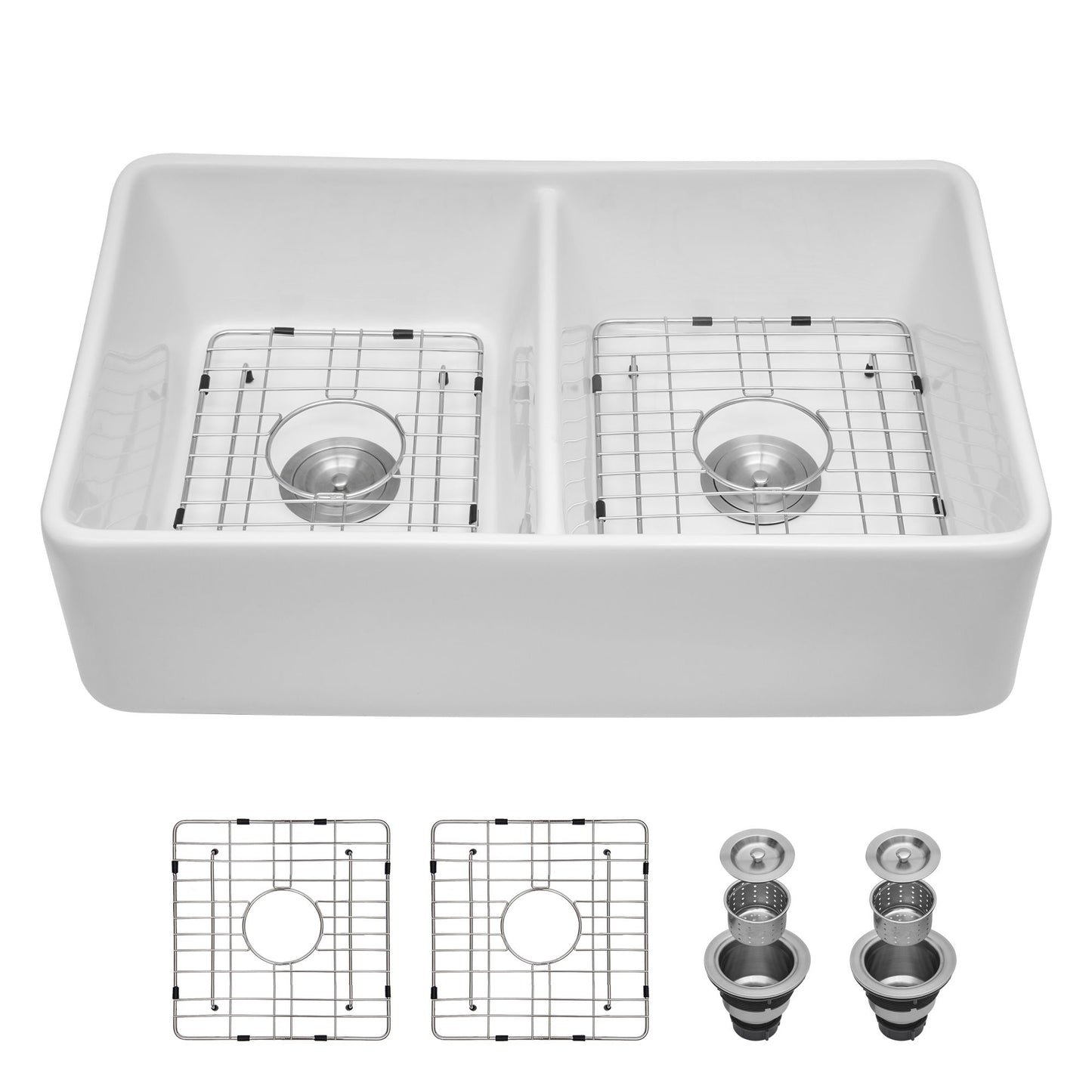Double Bowl Apron Front Kitchen Sink 32", Sturdy And With Scratch Resistant - White Daily Nest