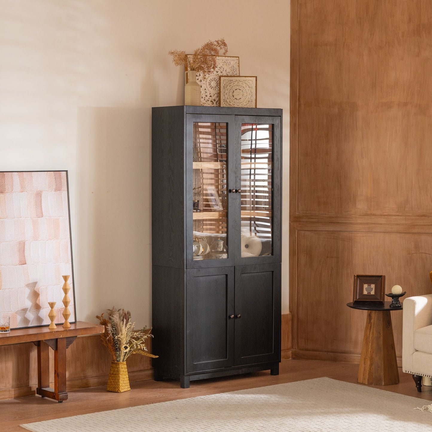 Mid Century Modern Style Tall Display Cabinet With Glass Doors For Collectibles - Black Hearth and Haven