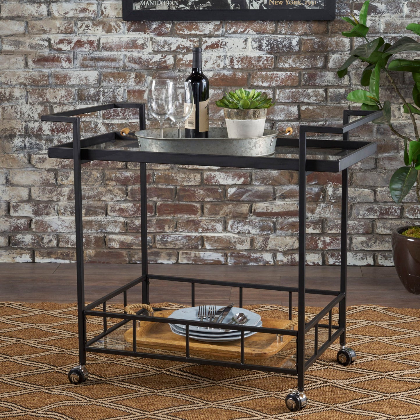 2 Tier Bar Cart, Utility Cart, Rolling Serving Cart, Kitchen Cart With Storage Shelves - Black Noble House