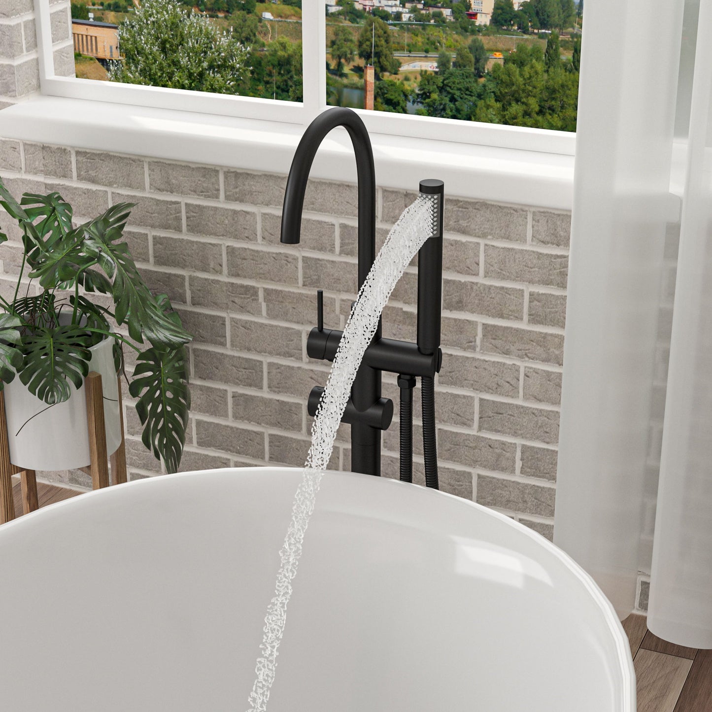 Freestanding Bathtub Faucet Floor Mount Tub Filler With Swivel Gooseneck Spout And Cylinder Handheld Daily Nest