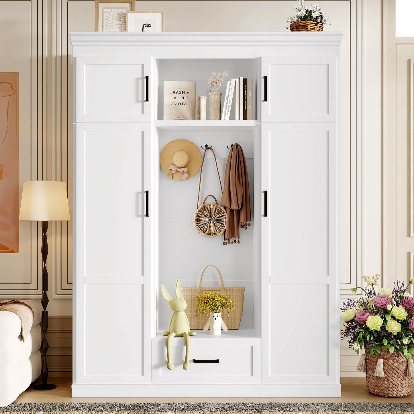 Hall Tree With Bench And 3 Hooks, Modern Entryway Storage Organizer Cabinet With 4 Doors, 1 Drawer And Adjustable Shelves Hearth and Haven