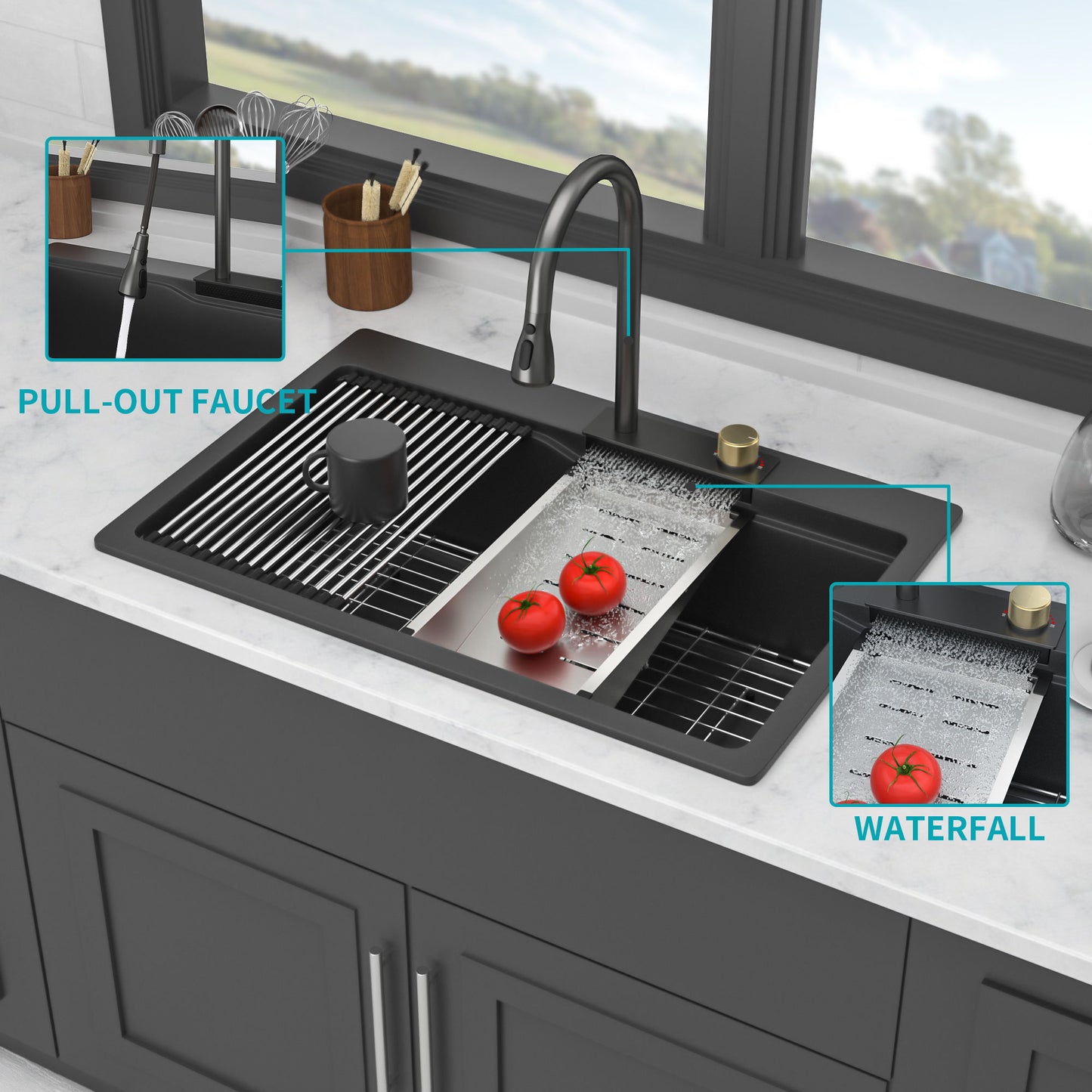 Waterfall Kitchen Sink With Pull Out Faucet & Cup Washer Daily Nest