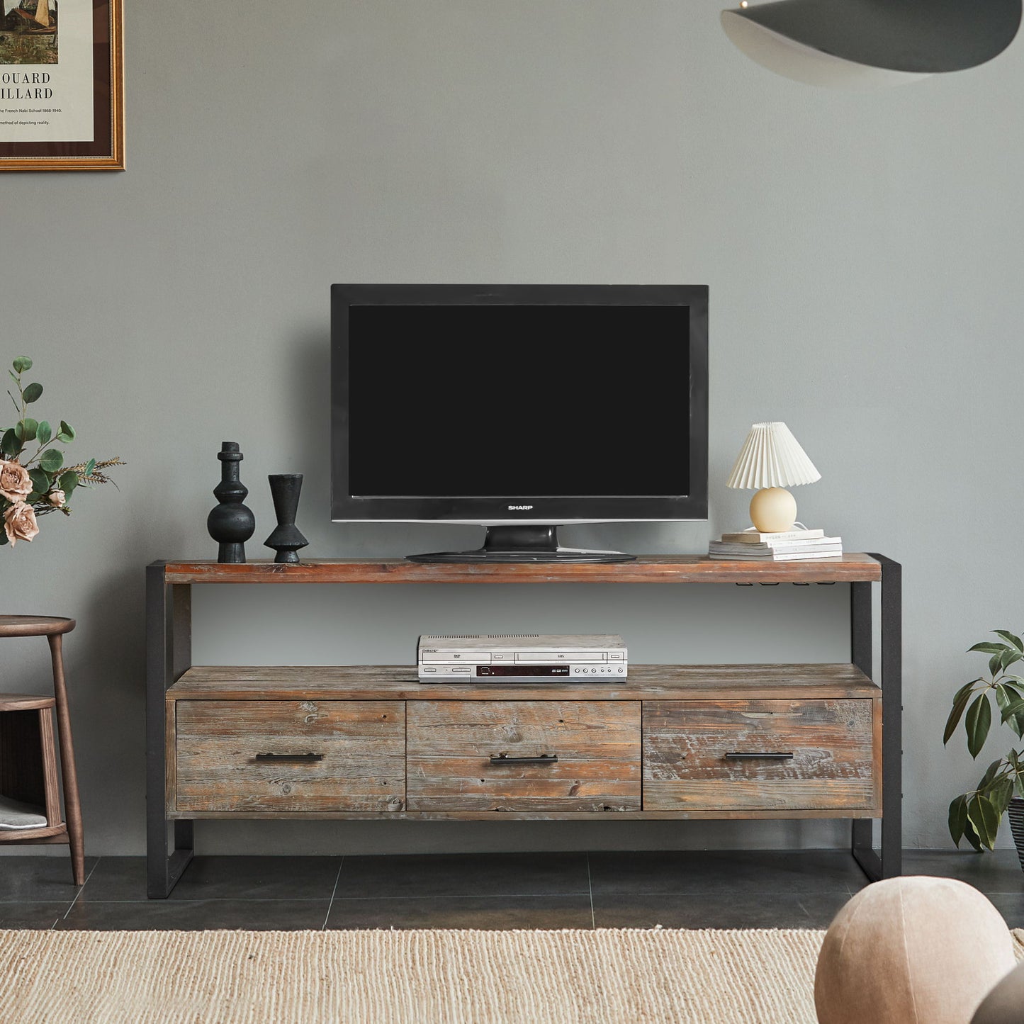 Reclaimed Wood Media TV Console Table With 3 Drarwer, Open Shelf - Antique Gray Home Essentials