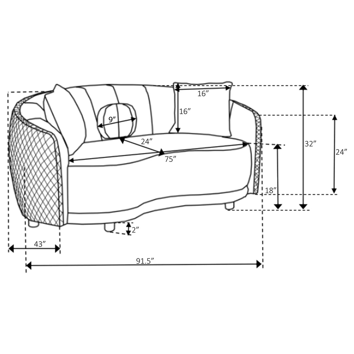 Luxe Upholstered Curved Sofa With Trim And Diamond Quilting - Dark Gray Furniture Max