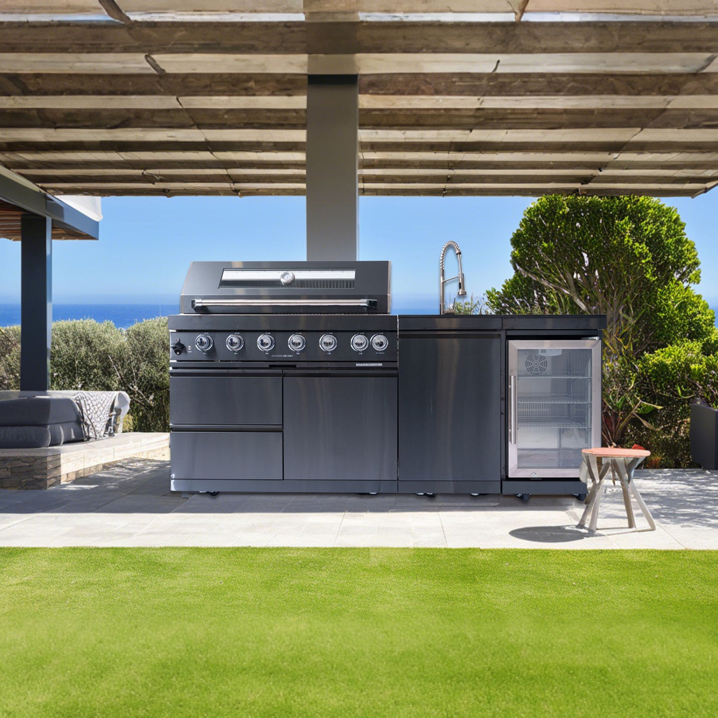 6 Burner 85, 000 Btu Outdoor Kitchen Island Grill With Wine Cooler Refrigerator, Rotisserie Kit, Granite Countertops & Sink - Black Daily Nest