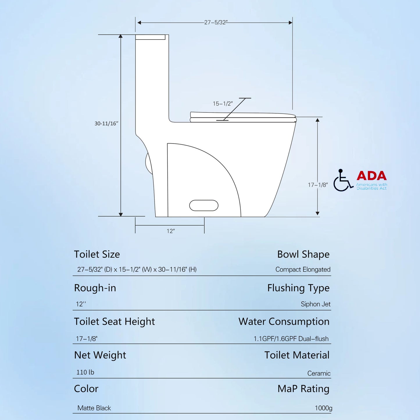 1.1 / 1.60 Gpf Dual Flush 1 Piece Toilet, Water Saving Elongated Comfort Height Floor Mounted, Soft Close Seat, 1000 Gram Map Flushing Score Toilet - Matte Black Daily Nest
