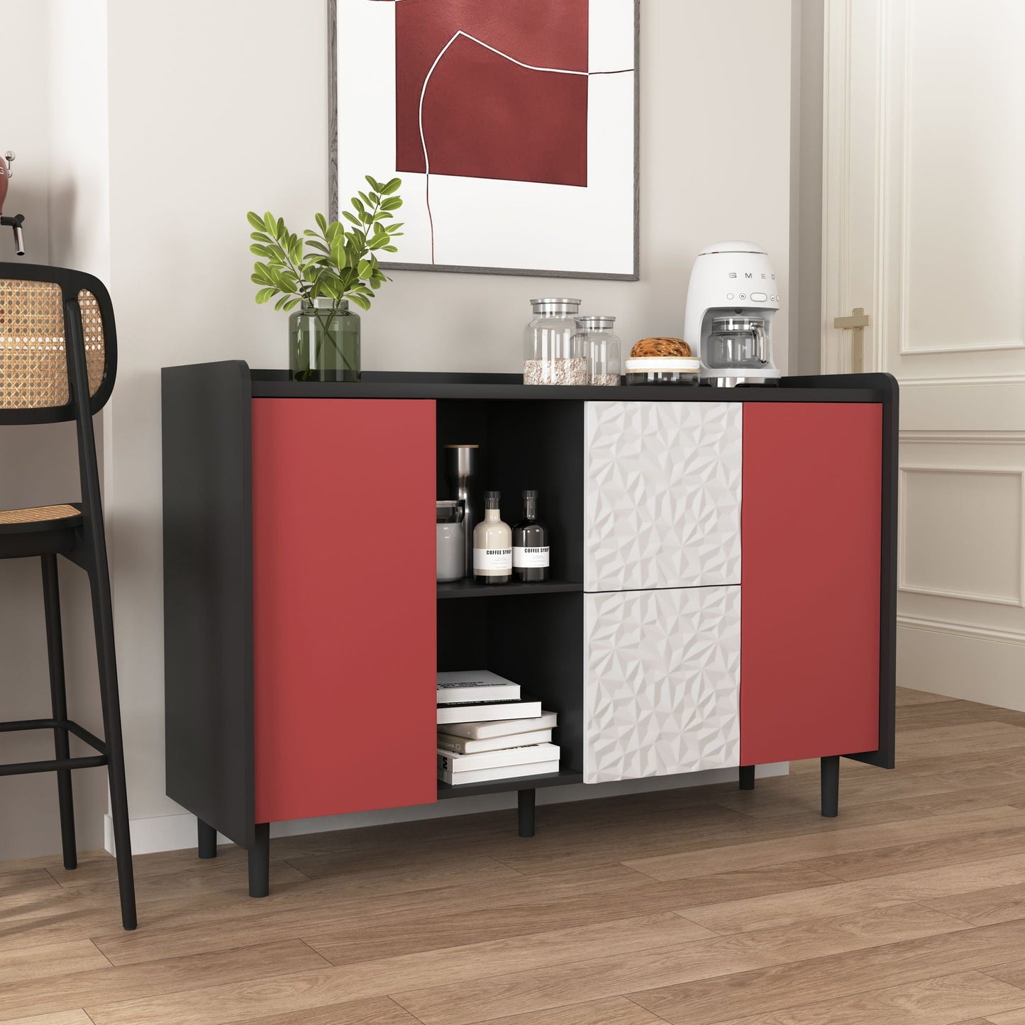 Modern Sideboard Buffet Cabinet With Red Doors And Unique Panel Styling Home Essentials