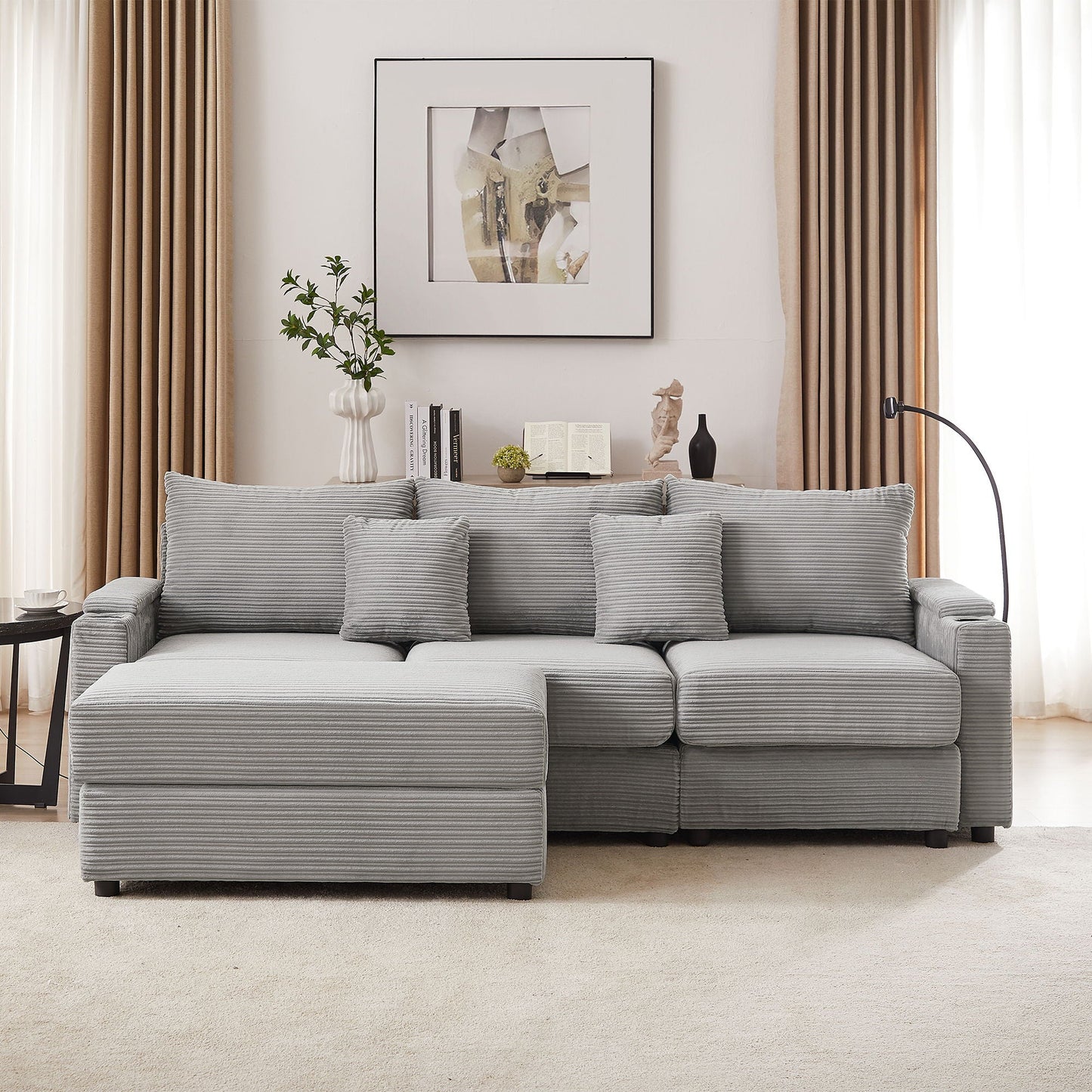 Modern Style Loveseat Sofa Sectional Sofa Couch With Storage Space, A Movable Ottoman, Two USB Ports, Two Cup Holders, A Phone Holder For Living Room Hearth and Haven