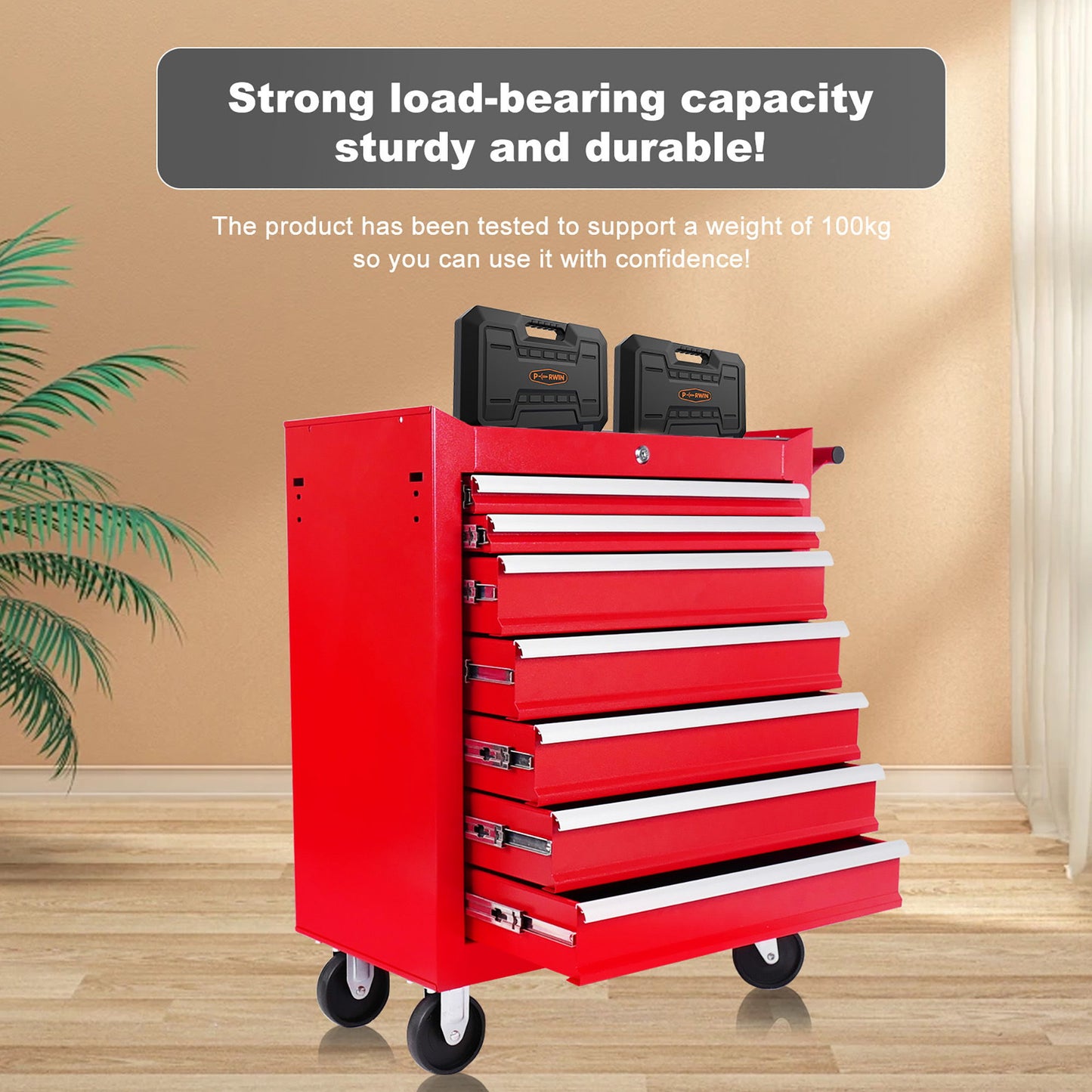 Red 7 Drawer Metal Rolling Tool Chest With Locking System And Wheels, Steel Construction - Red Daily Nest