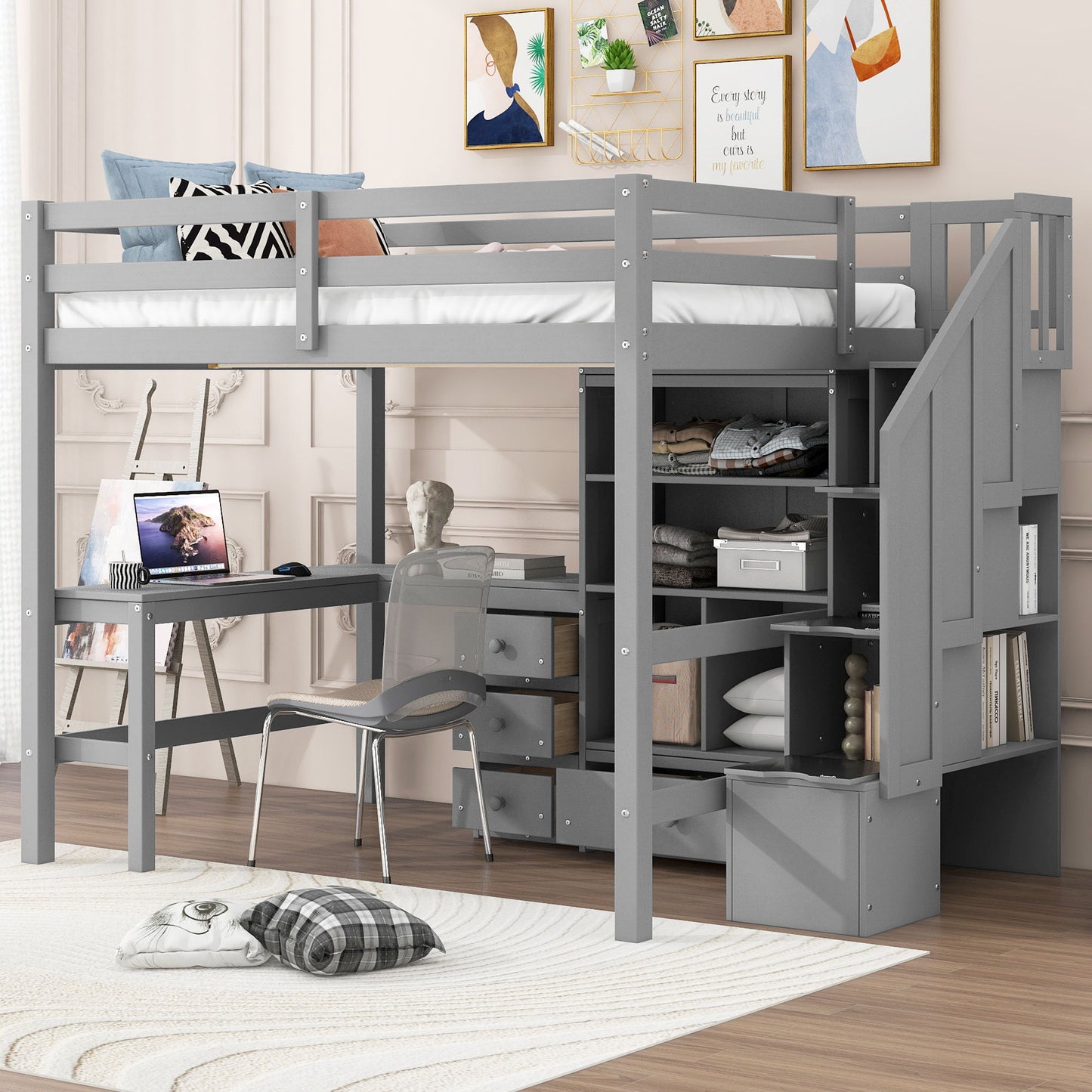 Loft Bed & L Shaped Desk, Drawers, Cabinet, And Storage Staircase Hearth and Haven
