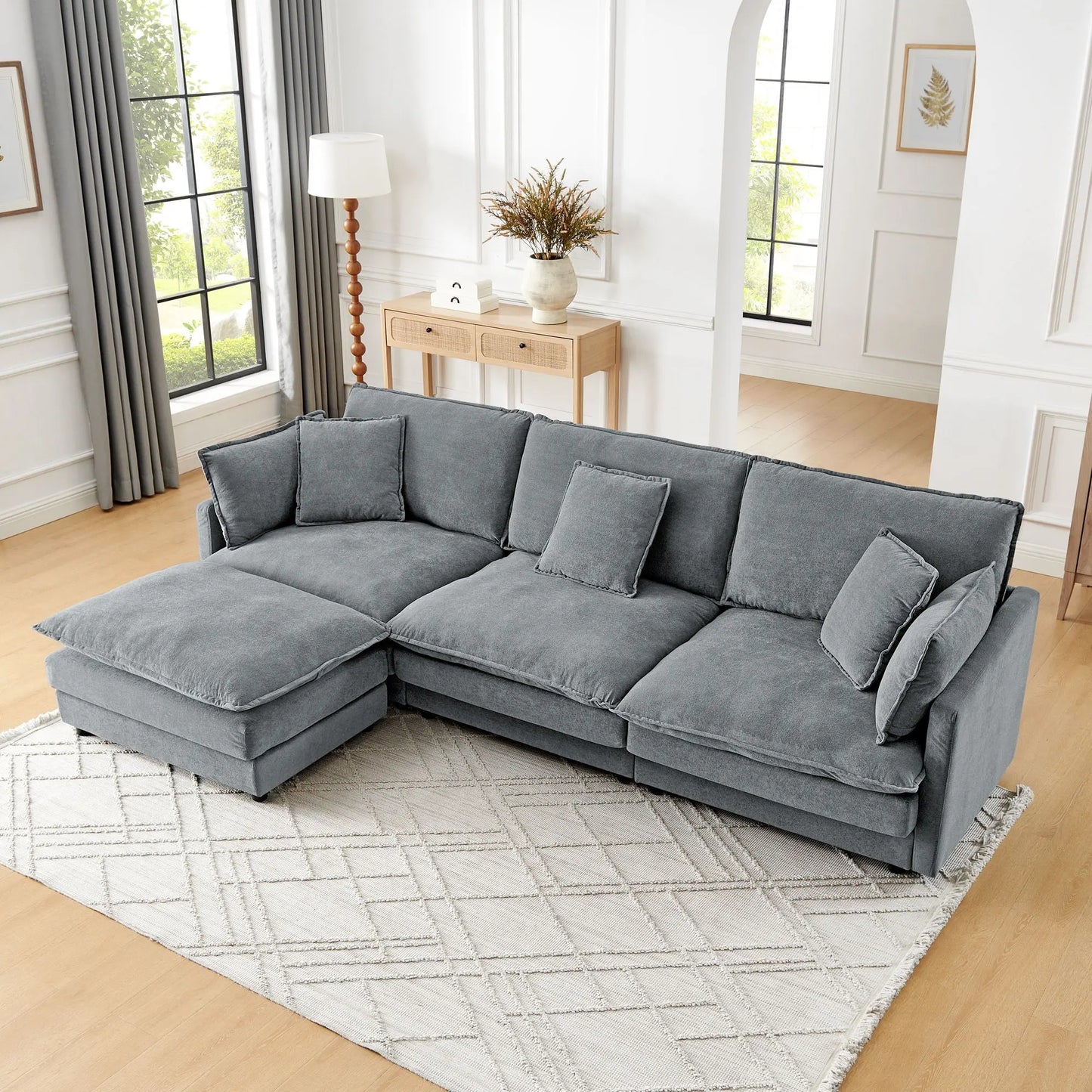 L-Shaped Sectional Sofa With Ottoman, Convertible 4 Seater Couch Home Essentials