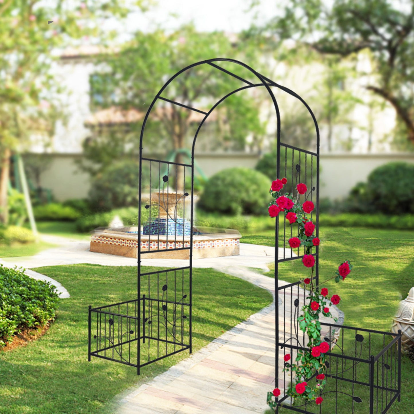 Metal Garden Arch With Two Plant Stands Wide High Climbing Plants Support Rose Arch Outdoor - Black Daily Nest