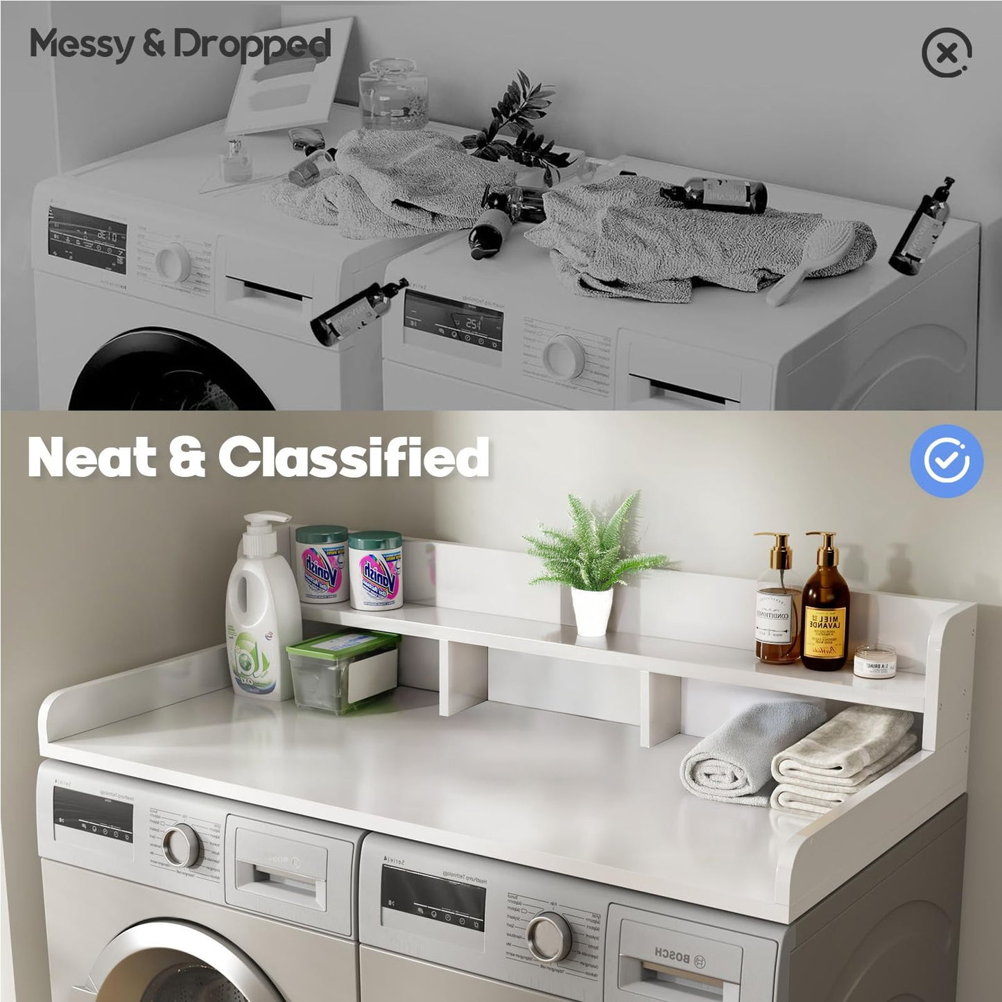 Washer Dryer Countertop Organizer, Double Layer Wooden Laundry Shelf Topper With Edge For Storage - White Daily Nest