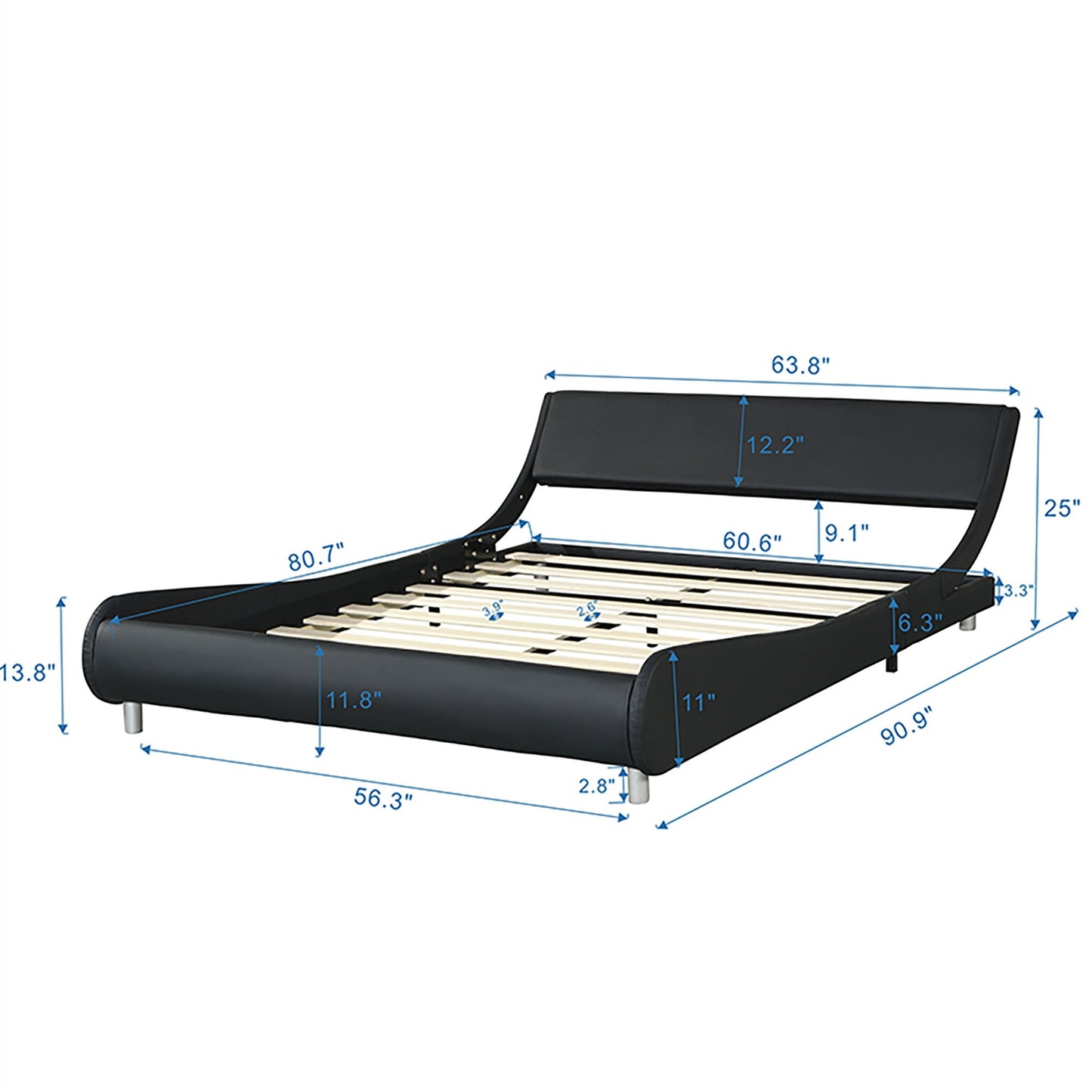 Queen Size Upholstered Platform Bed Frame, LED Lighting With Remote Controller And App, Curve Design, Wood Slat Support, No Box Spring Needed - Black Home Essentials