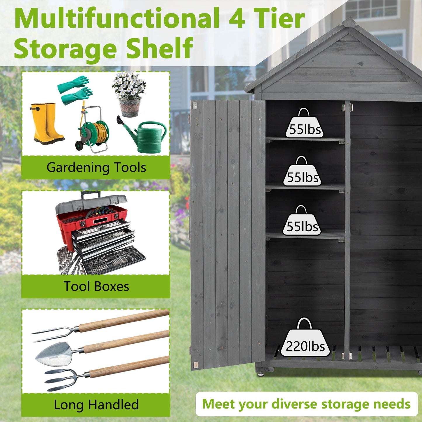 Outdoor Storage Cabinet, Garden Wood Tool Shed, Outside Wooden Shed Closet With Shelves And Latch For Yard Daily Nest