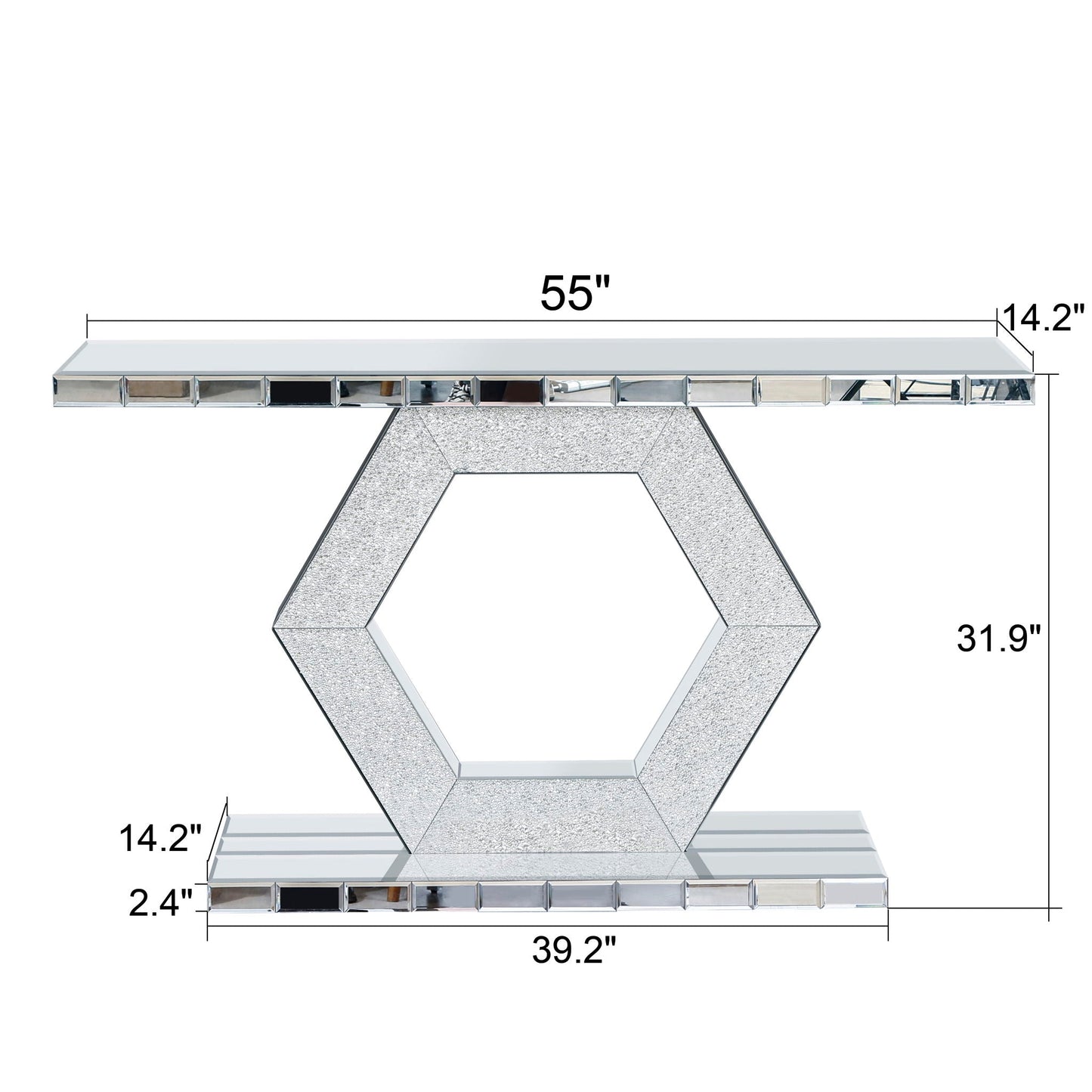 Sparkling Crystal Hexagon Mirror Entryway Premium Modern Foyer Console Table With Diamond Glass Effects, Dual Tier Luxury Sofa Table - Silver Home Essentials