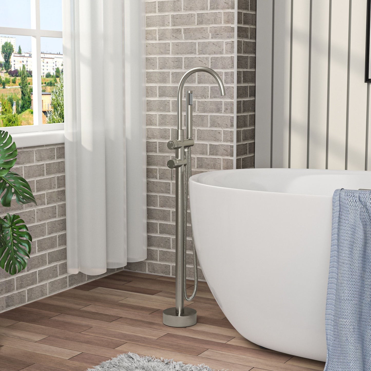 Freestanding Bathtub Faucet Floor Mount Tub Filler With Swivel Gooseneck Spout And Cylinder Handheld Daily Nest