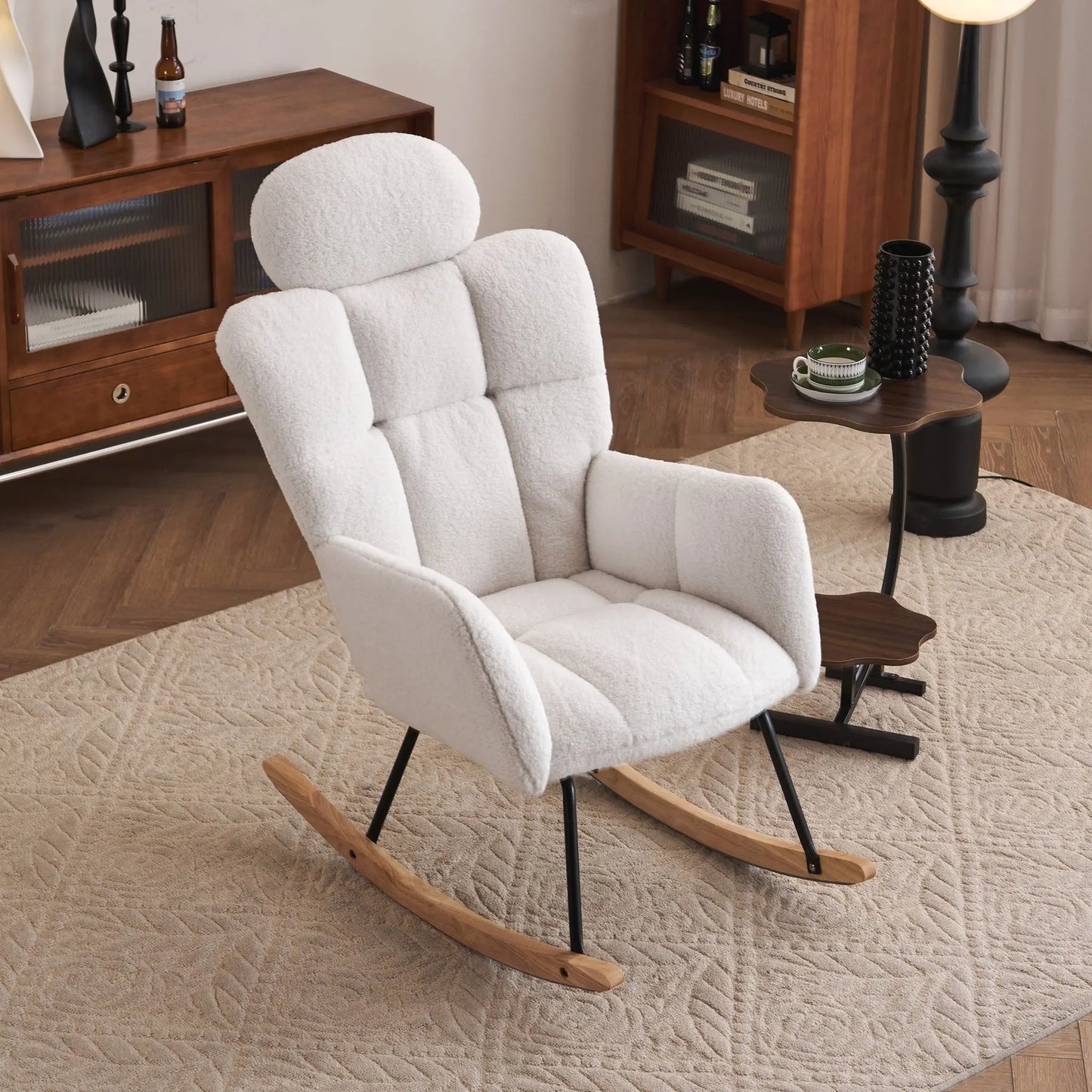 Contemporary Teddy Fabric Upholstered Nursery Rocking Glider Chair With High Backrest And Pillow Home Essentials