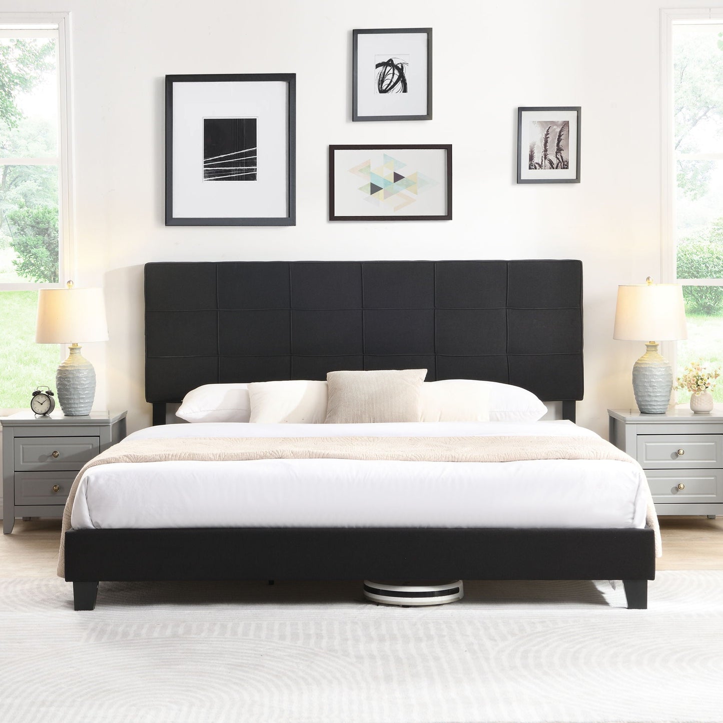 King Size Upholstered Platform Bed Frame With Linen Fabric Headboard, Wood Slat Support - Black Home Essentials