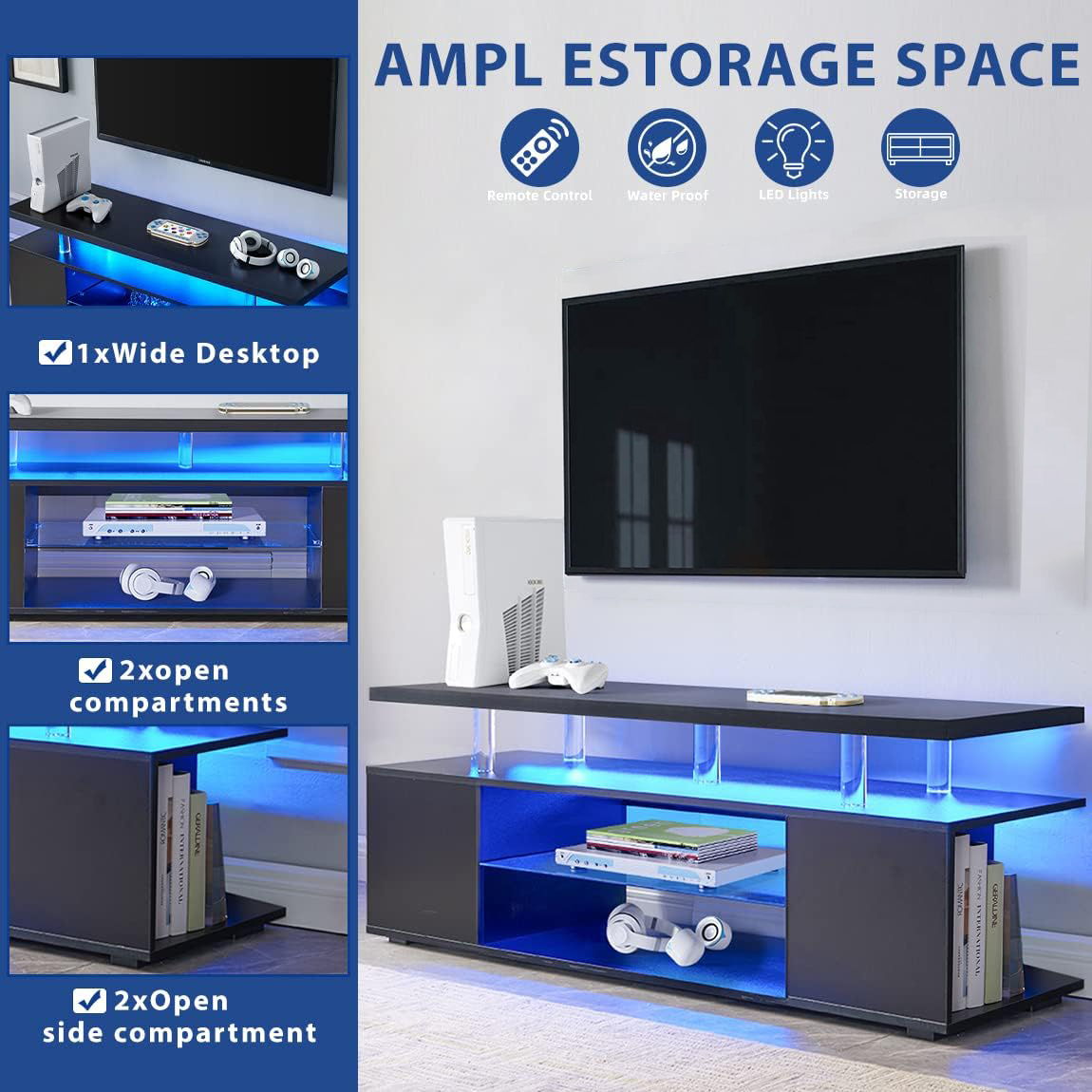 TV Stand LED Gaming Entertainment Center, Media Storage Console Table With Large Side Cabinet Home Essentials