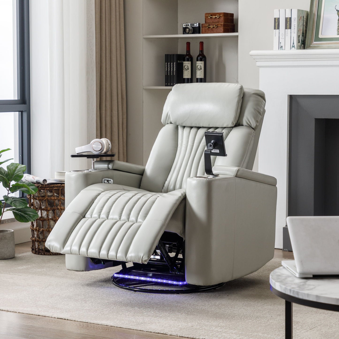270° Power Swivel Recliner Home Theater Chair With Hidden Arm Storage, LED Light, Cup Holder, And Tray Table Hearth and Haven