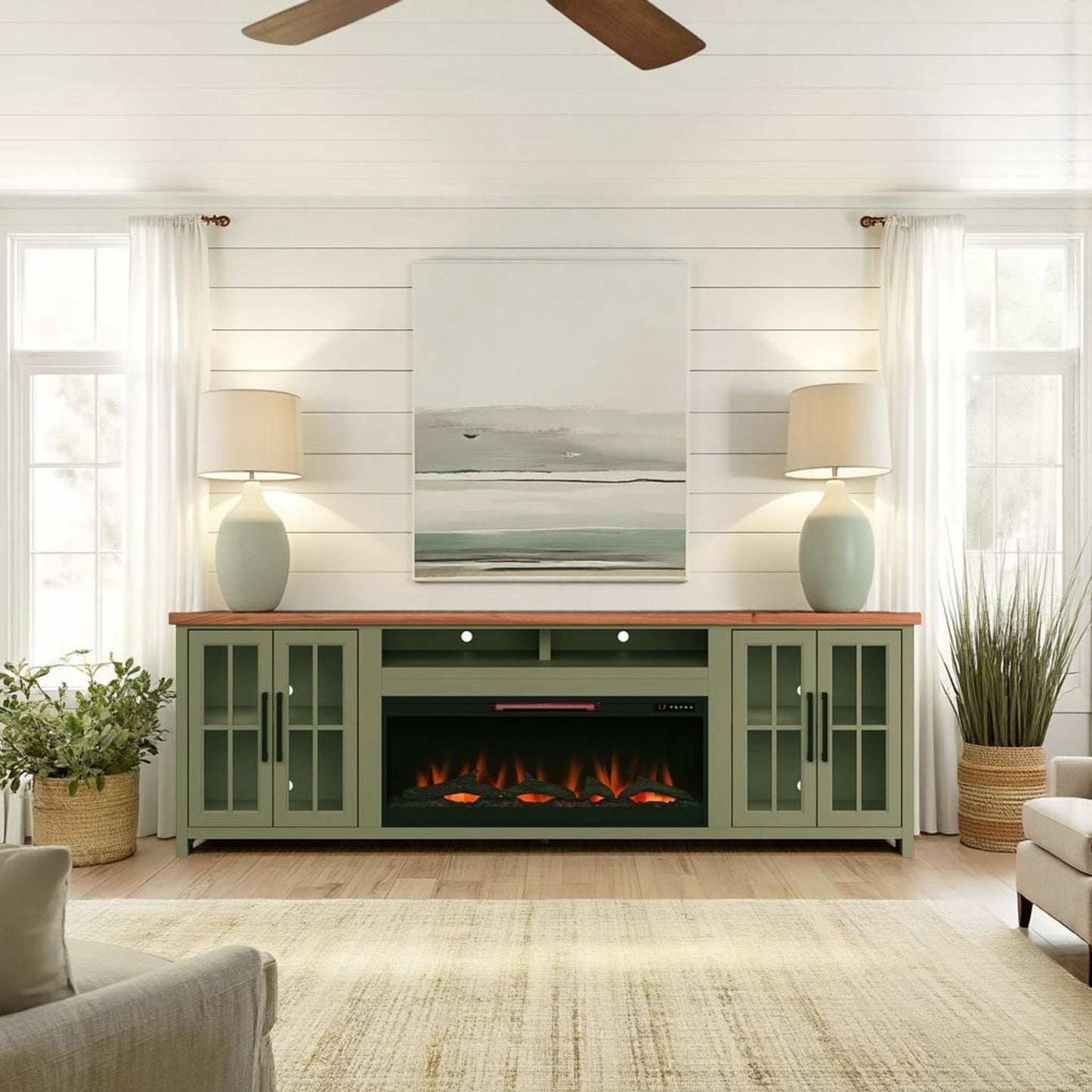Vineyard - 97" Fireplace TV Stand Console For TVs Up To 100" - Sage Green And Fruitwood Finish Legends