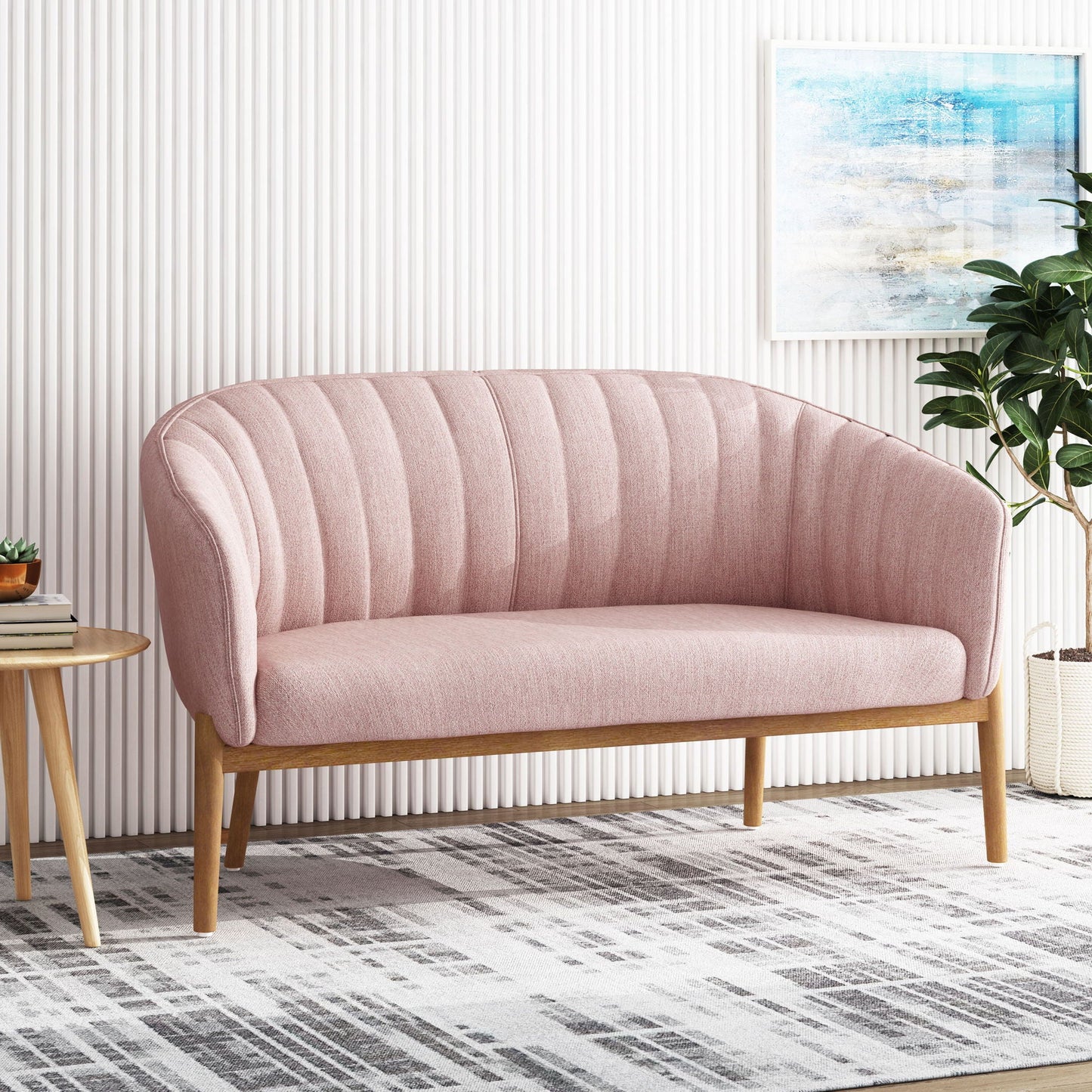 Mid Century Modern Loveseat With Channel Stitched Backrest Noble House