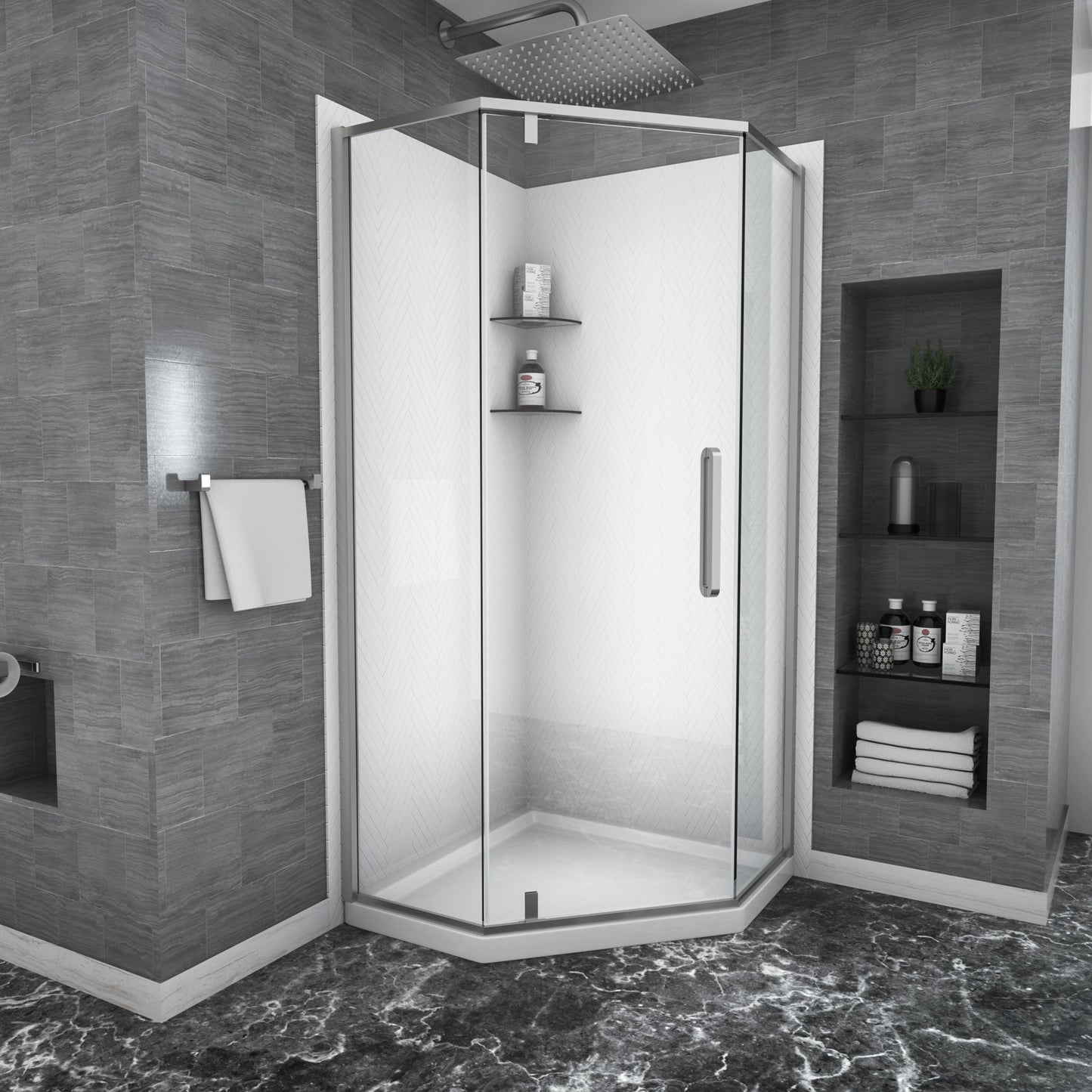 Semi Frameless Neo Angle Hinged Shower Enclosure With Clear Tempered Glass - Brushed Nickel Daily Nest