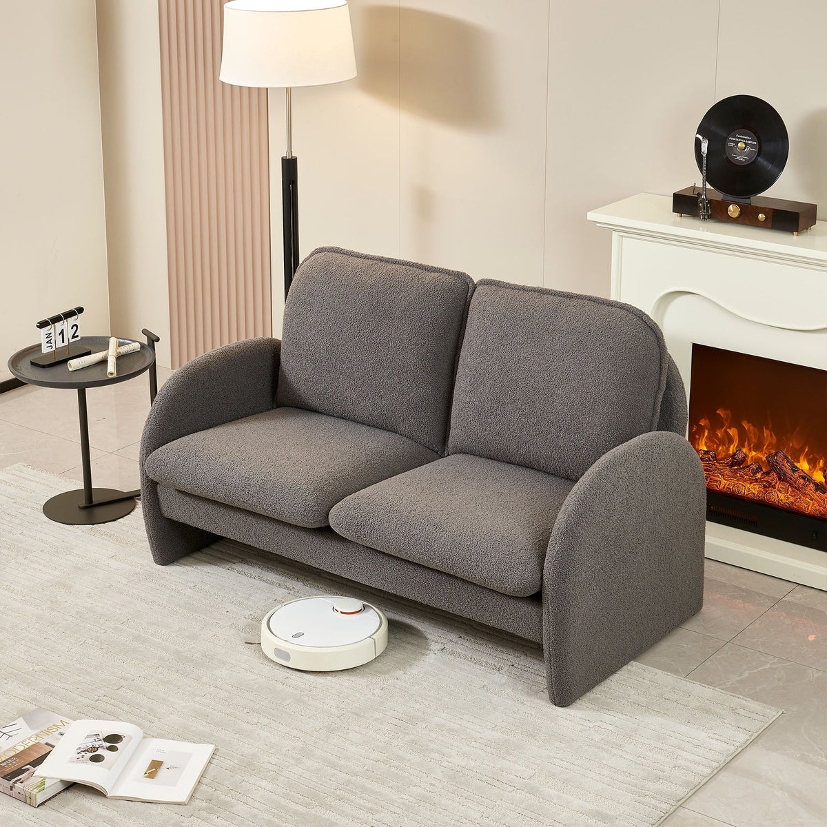 Loveseat Sofa Small Couch For Living Room, Sherpa Fabric Upholstered Loveseat Sofa Couch, Small Loveseat Sofa For Apartment, Bedroom - Gray Home Essentials
