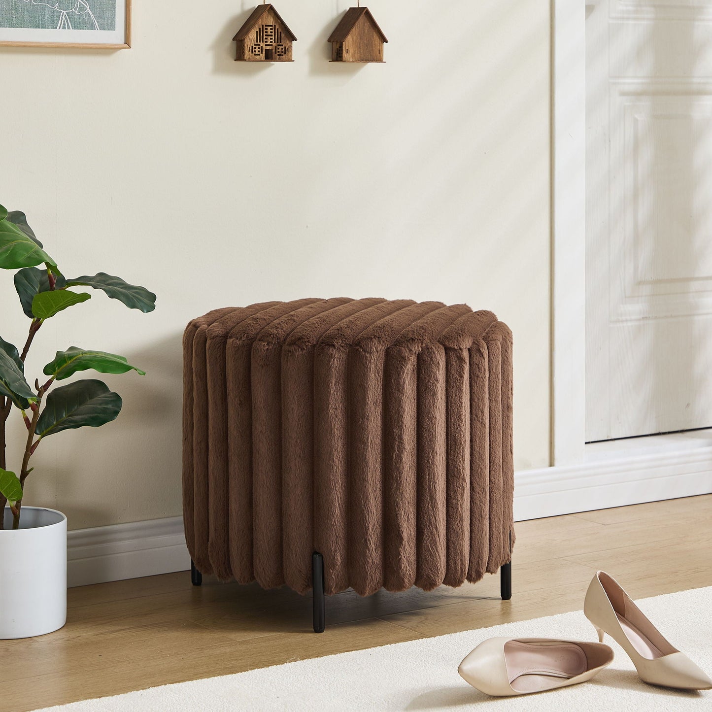 Wide Upholstered Round Pouf Ottoman Foot Rest Home Essentials