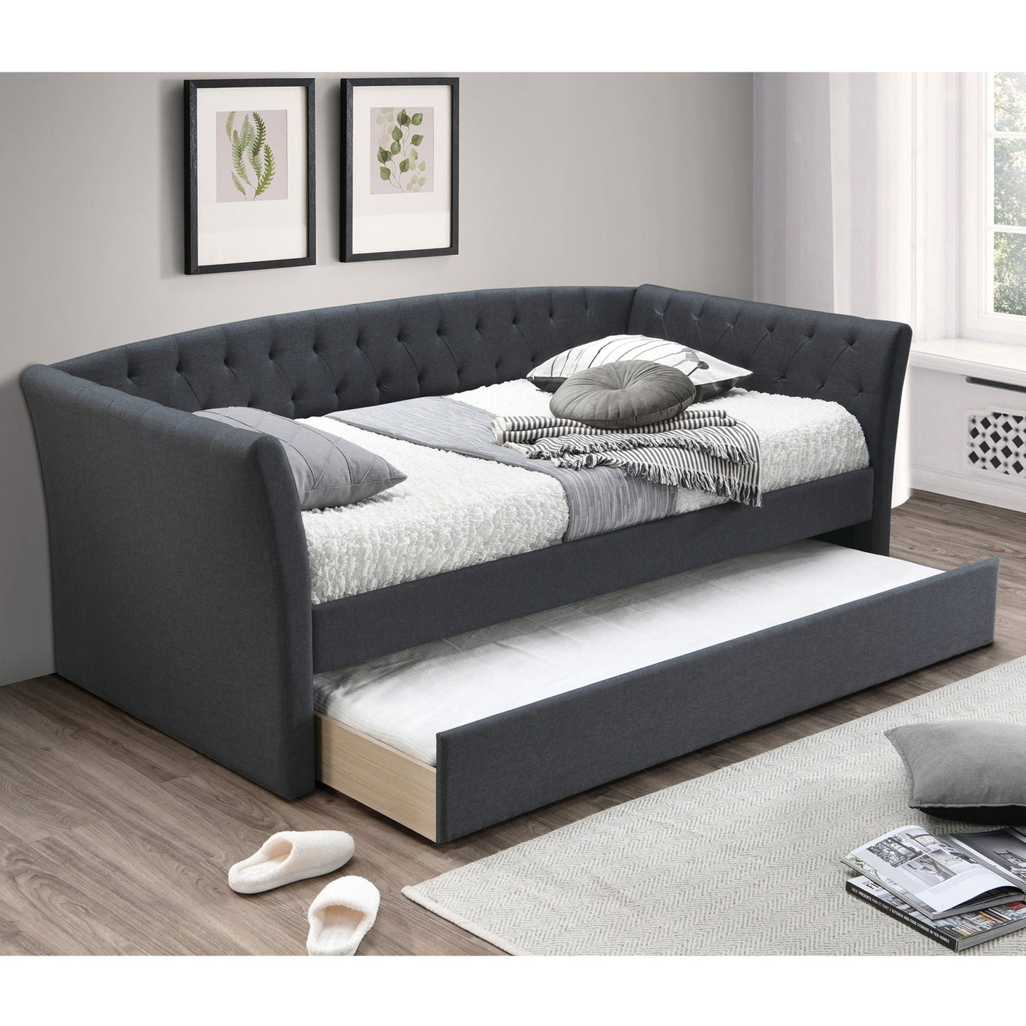 Daybed With Trundle Button Tufted Slat Included - Charcoal Home Essentials
