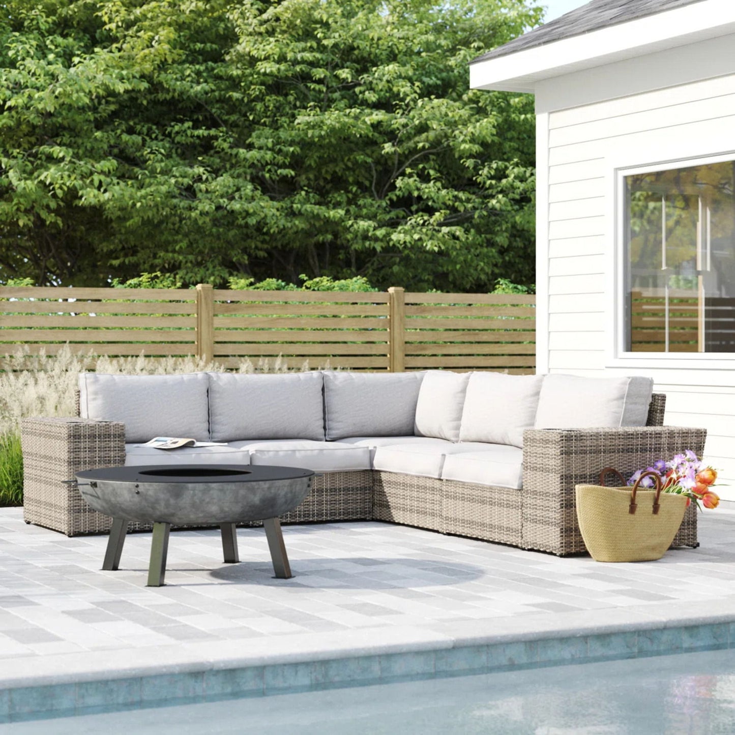 Wide Outdoor Wicker Patio Sectional With Cushions & Reversible Design - Gray LSI Patio Furniture